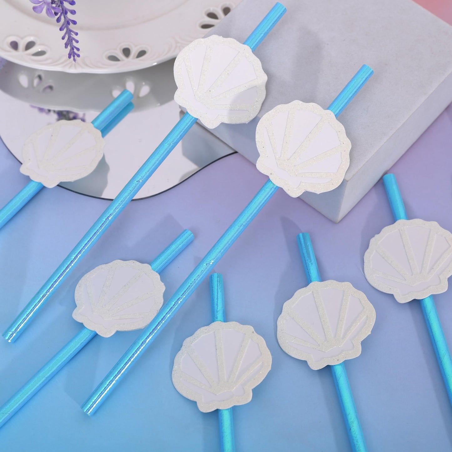 12Pcs White Shell Blue Straws - Ocean Birthday Wedding Decorations,Shell Disposable Drinking Paper Straws,Last Toast on the Coast Party Decorations,Seashells Bachelorette Party Centerpieces