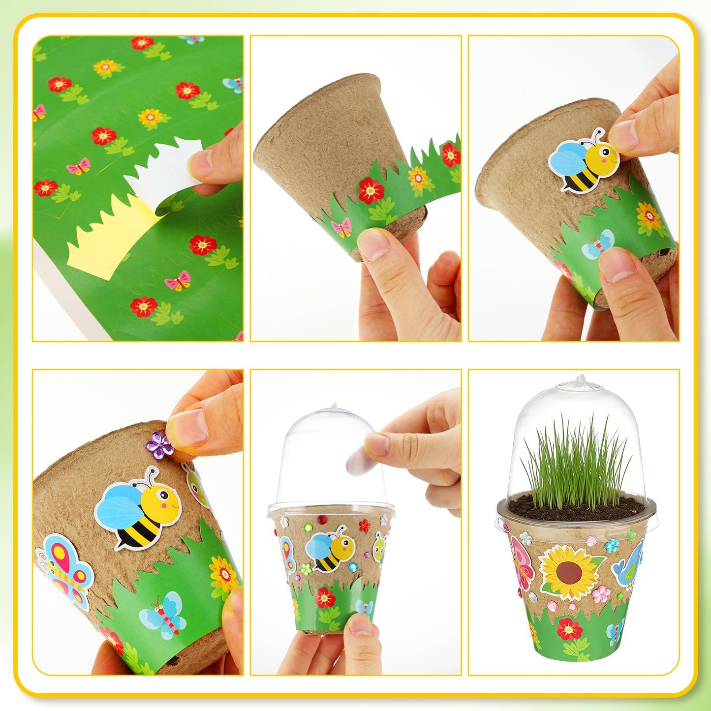 Motipuns 15 Set Summer Garden Paper Pot Craft Kit Include Plant Flower Peat Pots with Domes 4 Sheet Rhinestones Jewels Stickers and Adhesive Stickers Set for Spring DIY Craft