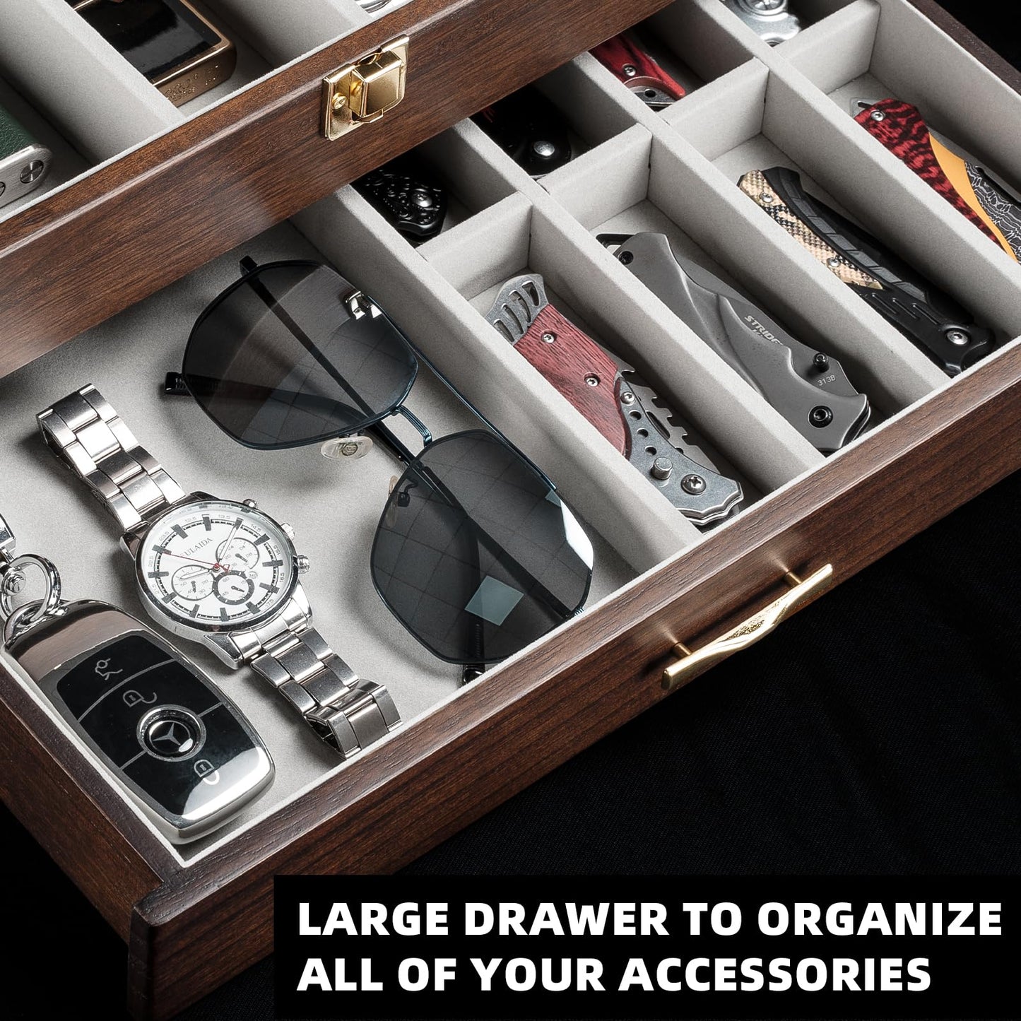 Emfogo Pocket Knife Display Case for Collection of 18-24 Folding Knives, Pocket Case with Real Glass Window Top, Two-Tier Knife Organizer Storage Box, Men's Gift (Walnut)