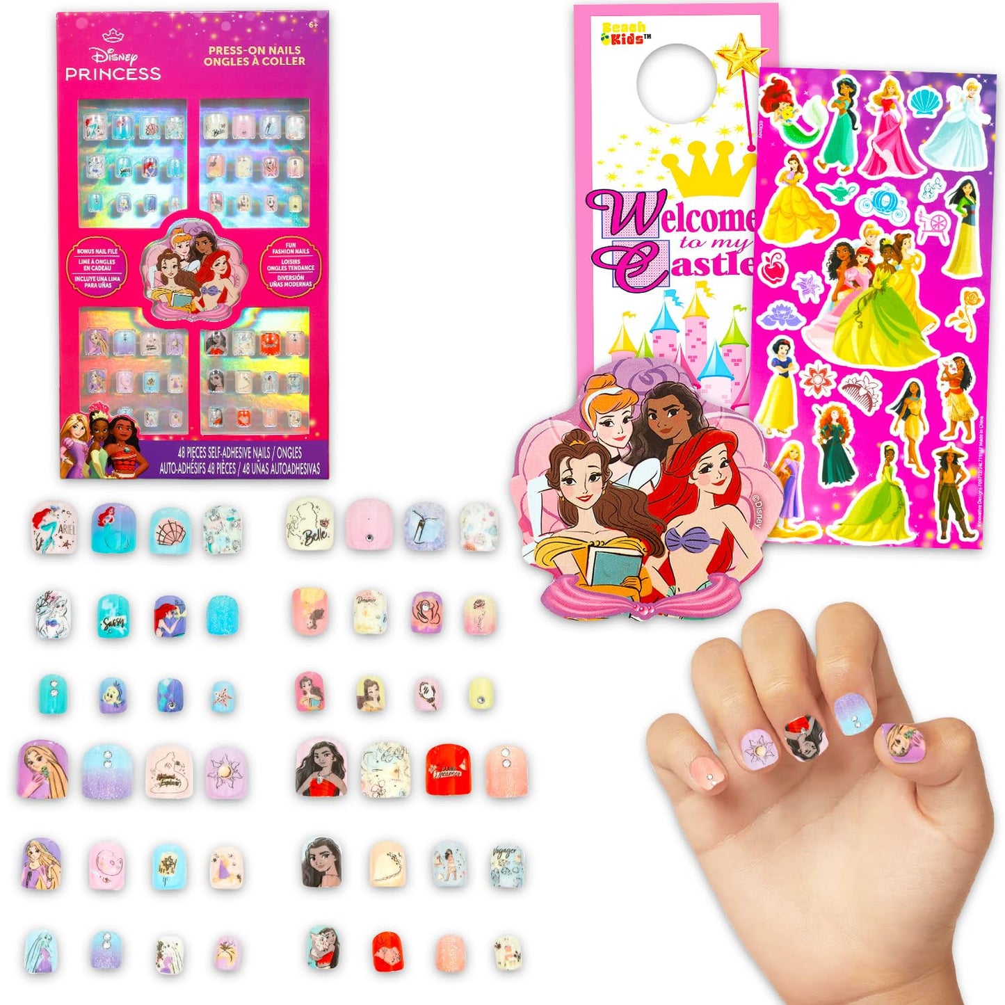 Disney Princess Press-On Nails for Kids - Bundle with 48 Stick-On Nails Featuring Ariel, Moana, Belle, Rapunzel Plus Stickers, More | Disney Princess Manicure Kit for Girls