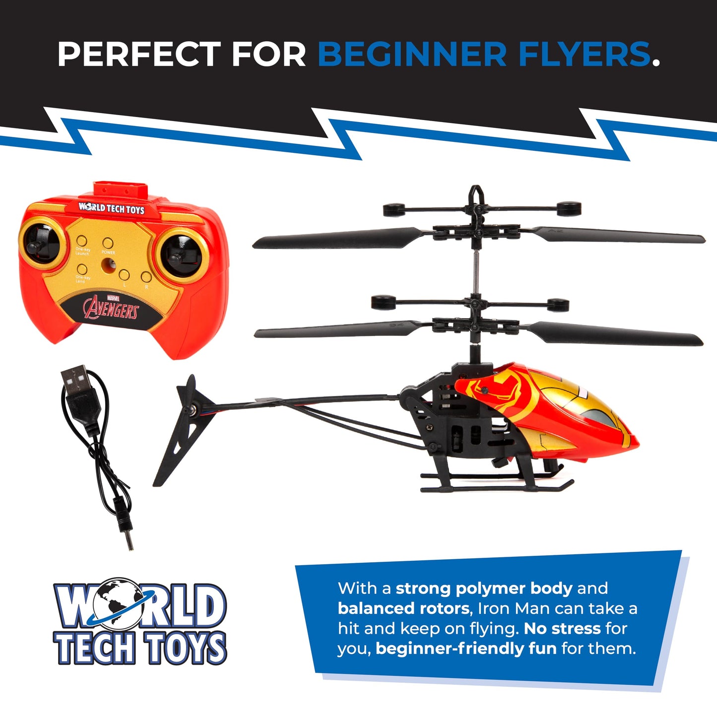 World Tech Toys Marvel Iron Man RC Helicopter – Easy‑Fly Remote Control Helicopter with LED Lights, Durable Body, Coaxial & Rear Rotors – Kids 8+