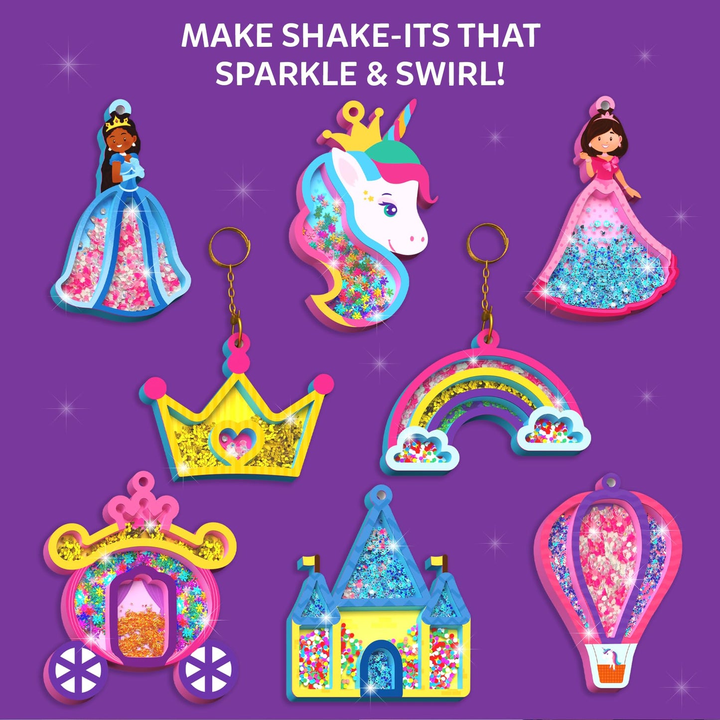 Skillmatics Shake-its – Glitter Craft Kit for Kids, DIY Arts & Crafts with Keychains, Mess-Free Activity, Unicorns & Princesses, Travel Toy, Birthday Gift for Girls & Boys Ages 4, 5, 6, 7, 8, 9