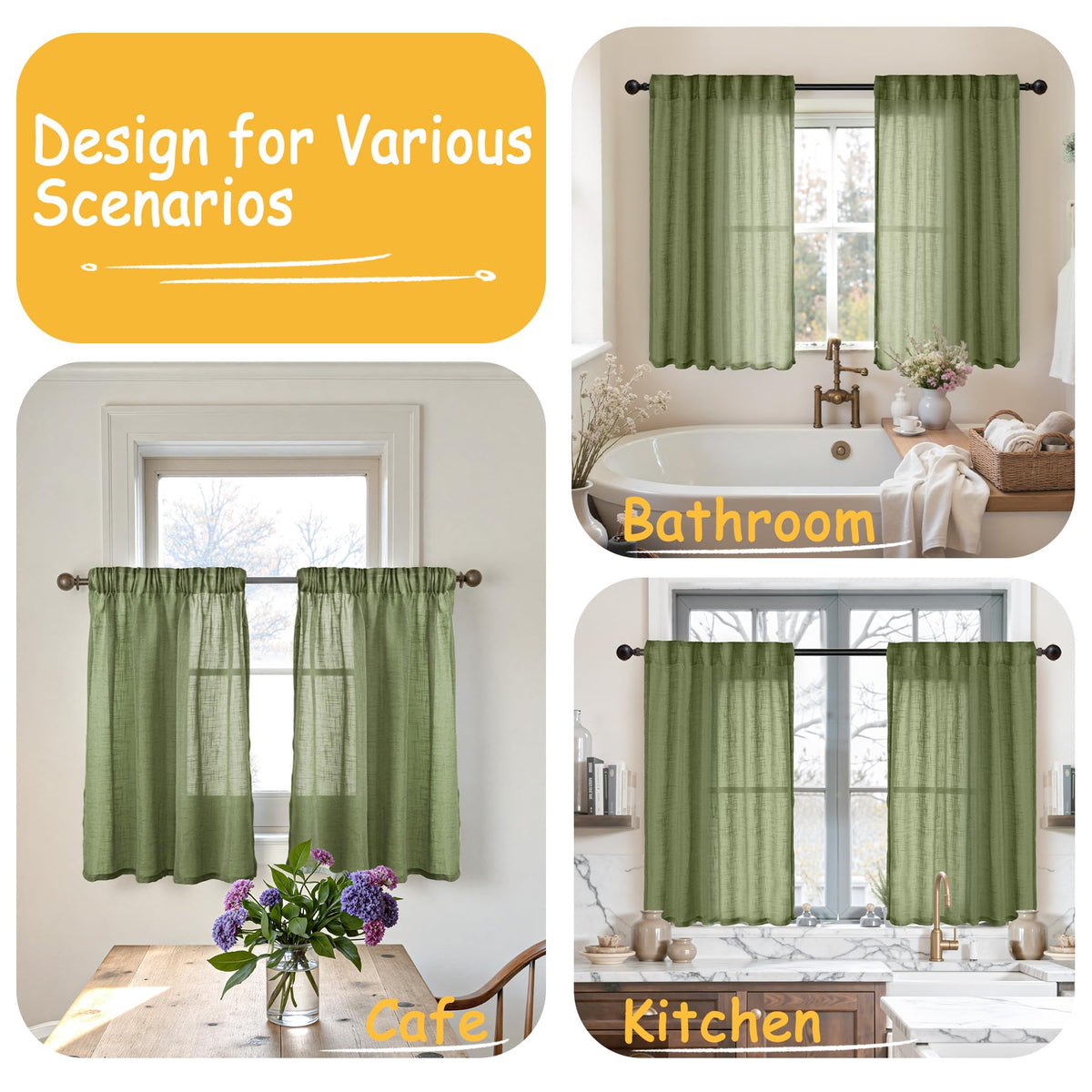 Olive Green Linen Curtains 45 Inch Length (2 Count)