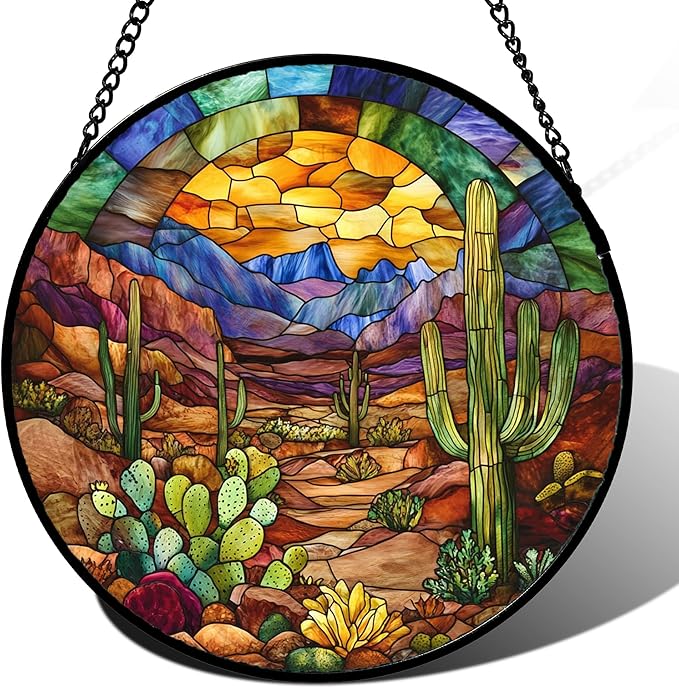 CRISGIF Stained Glass Window Hanging Cactus Mountains Landscape 9.8" - Suncatcher Door Garden Sunroom Sun Catcher Home Decor Birthday Christmas for Mom Men Woman Nana