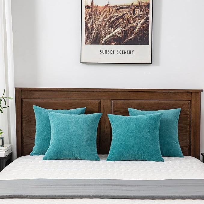 GAWAMAY Decorative Square Throw Pillow Covers 18x18 Inch Set of 4, Super Soft Chenille Pillows Cover Fall Pillowcase for Living Room Bedroom Sofa Couch Cushion Cover Teal 45x45cm (No Insert)
