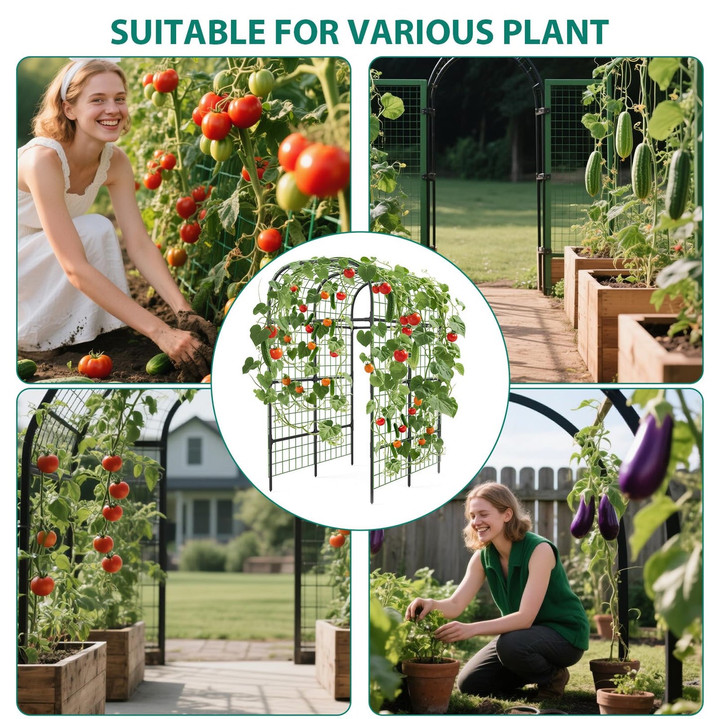 GarveeLife Metal Garden Arch Trellis 7.3 FT, Cucumber & Melon Trellis for Raised Beds, u-Shape Plant Support with Plastic Connectors for Climbing Vegetables, Grapes & Roses, Black