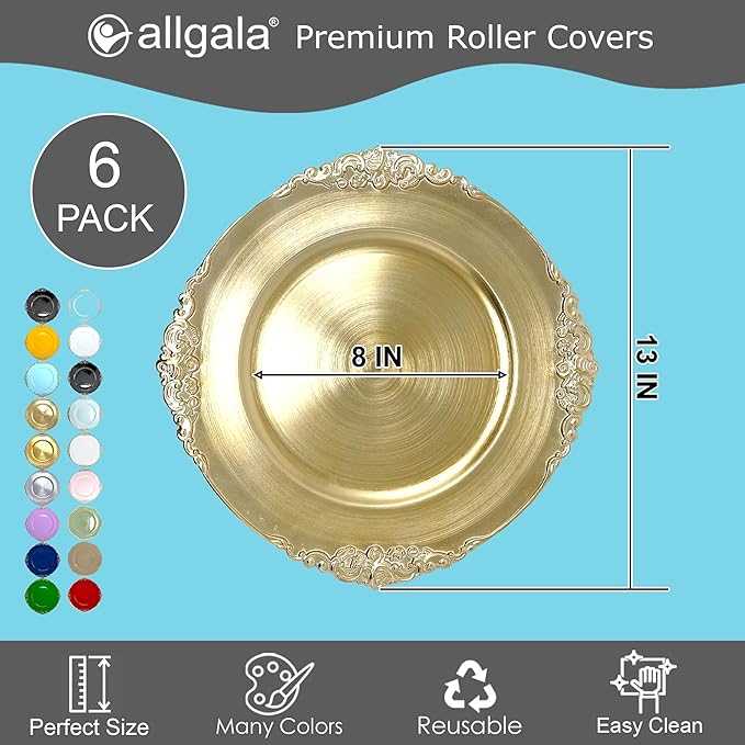 allgala Gold Charger Plates - Heavy Duty Plastic Charger for Dinner Plates - 6 Pack 13 Inch Charger Plates for Table Decor - Ideal for Weddings, Thanksgiving Parties & Holidays - Floral Gold