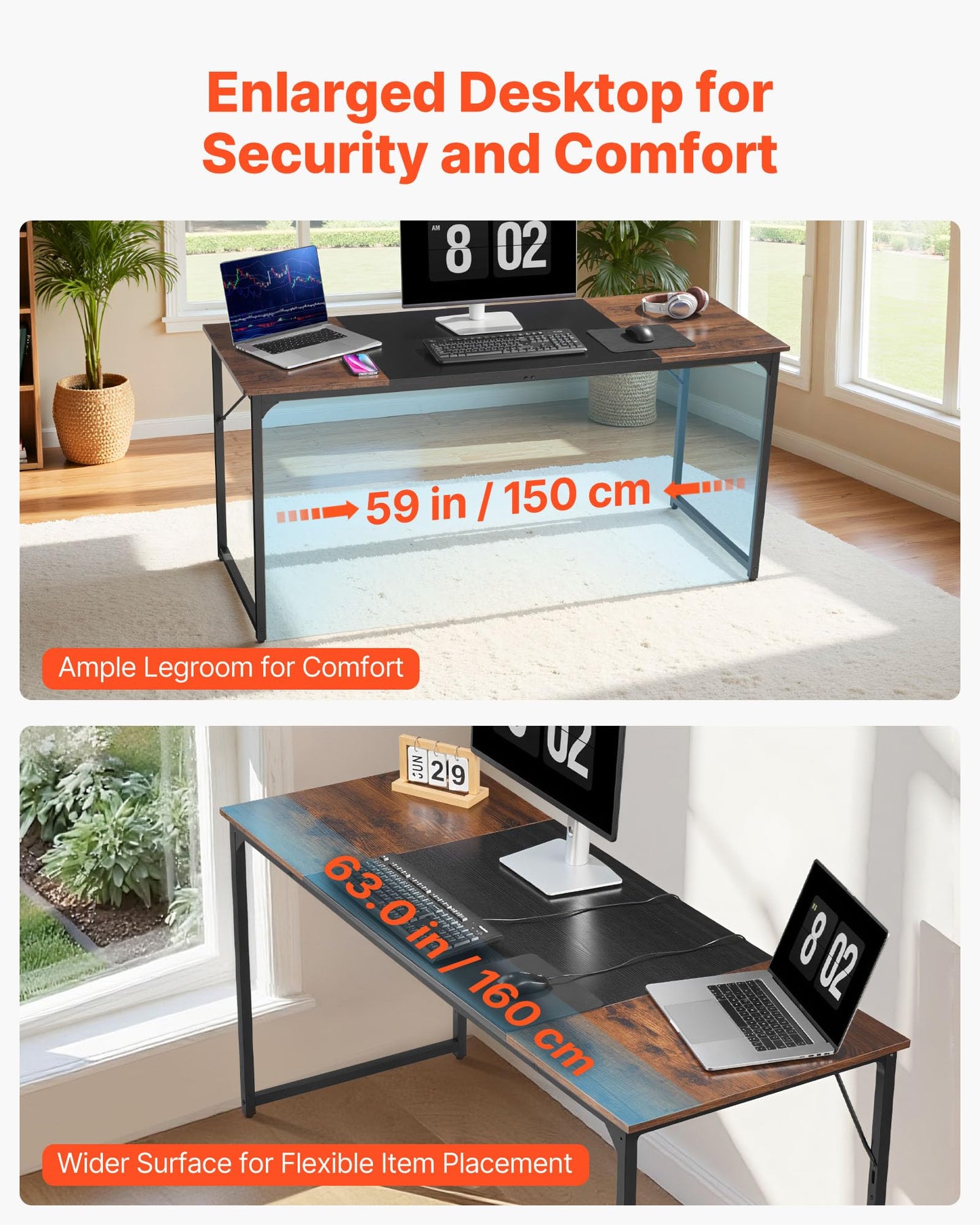 VEVOR Computer Desk, 63 Inch Office Gaming Desk for Home Office, Writing Study Work Modern Simple Table with Metal Frame for Large Legroom, Rustic Brown and Black