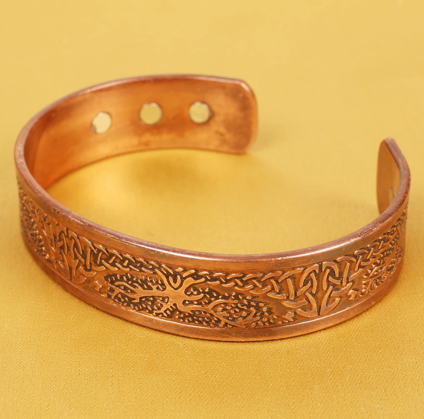 Touchstone handcrafted magnetic copper bracelet. Hand forged with solid and high gauge Tibetan style engraved cuff pure copper jewelry for women men. Awesome Celtic Design.