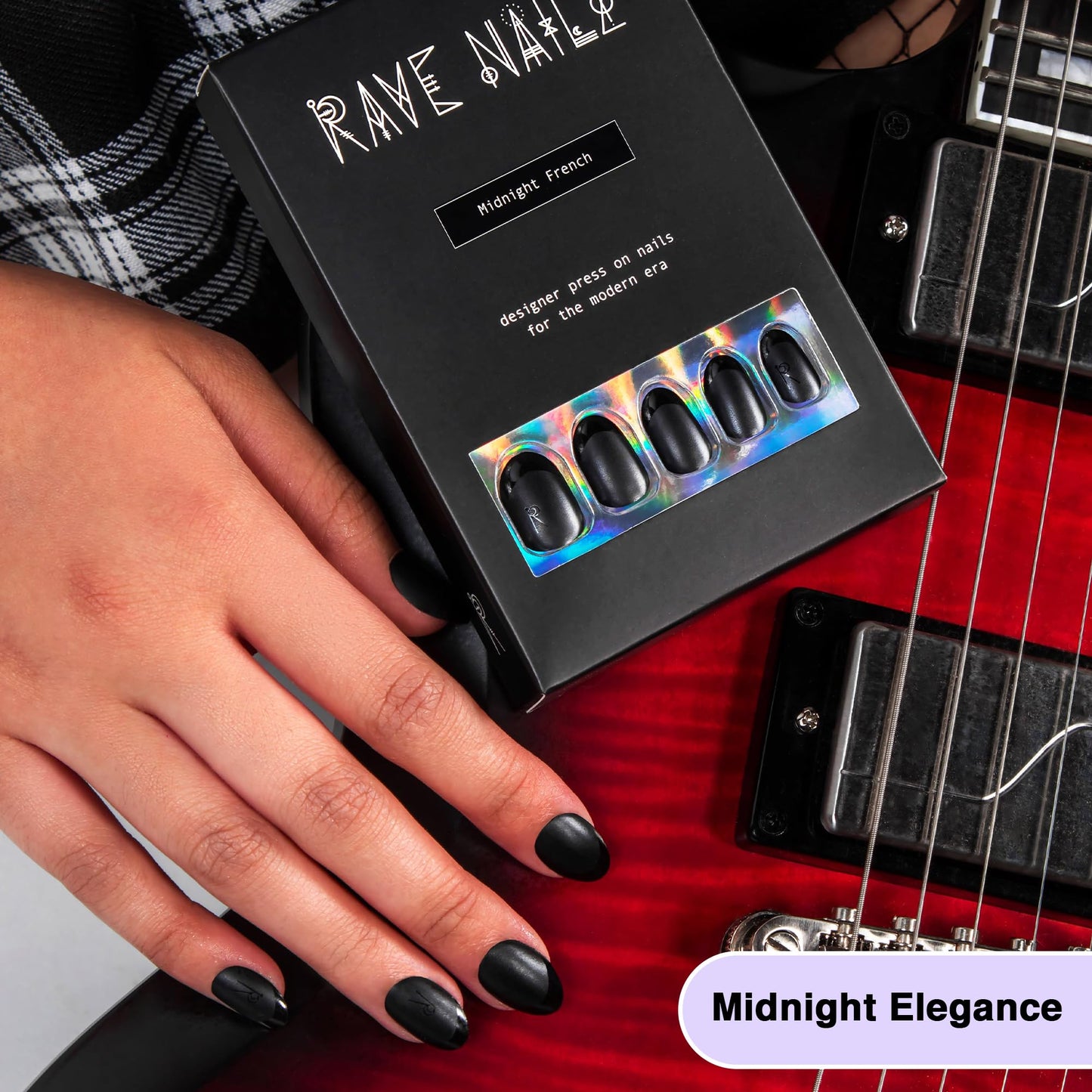Rave Nailz Midnight French Tip Press On Nails (24 Count) | Matte Black 3D False Oval Press On Nail Short with Glossy Tip | Chip-Resistant Fake Nails with Glue, Includes File, Long-Lasting 2+ Weeks