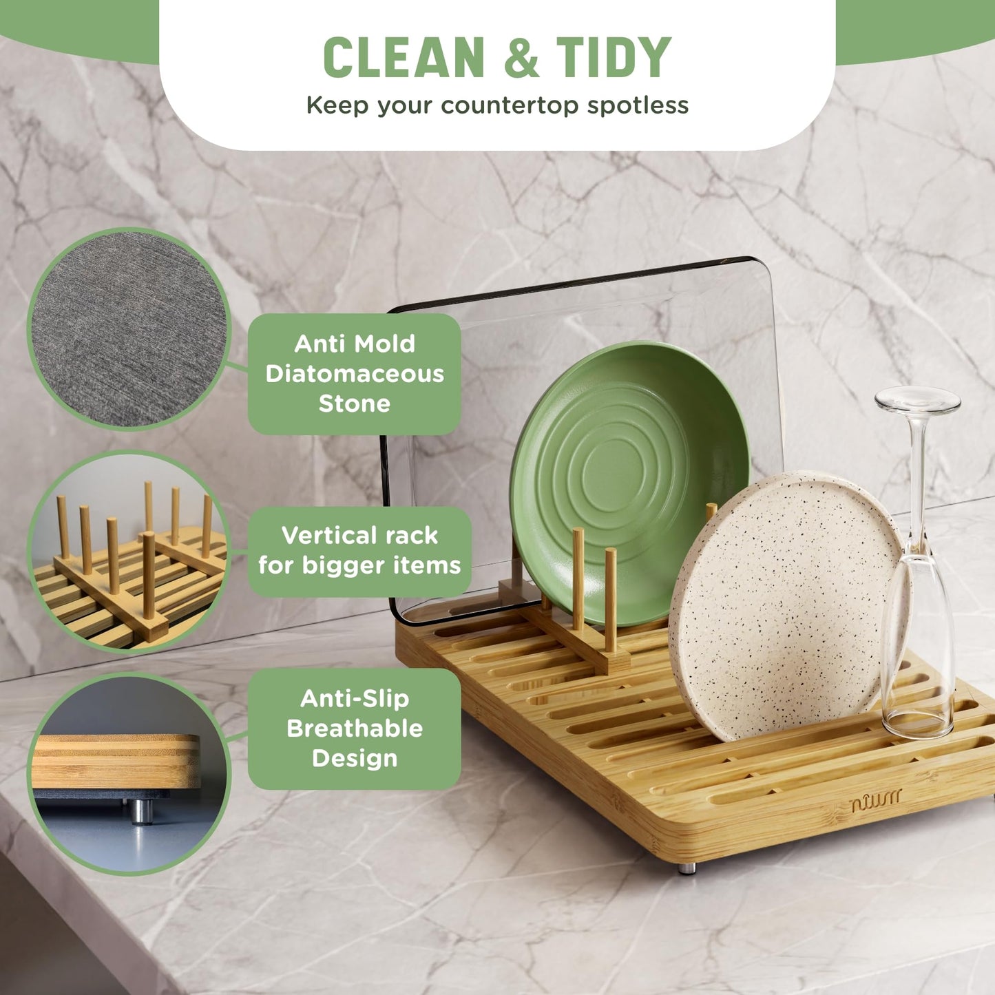 NIUM Stone Drying Mat for Kitchen Counter & Bamboo Rack - 16″x12″ - Diatomaceous Earth Dish drying mat Ultra Absorbent & Fast Drying - EcoFriendly with Non-Slip Pads & Anti-Moisture Design