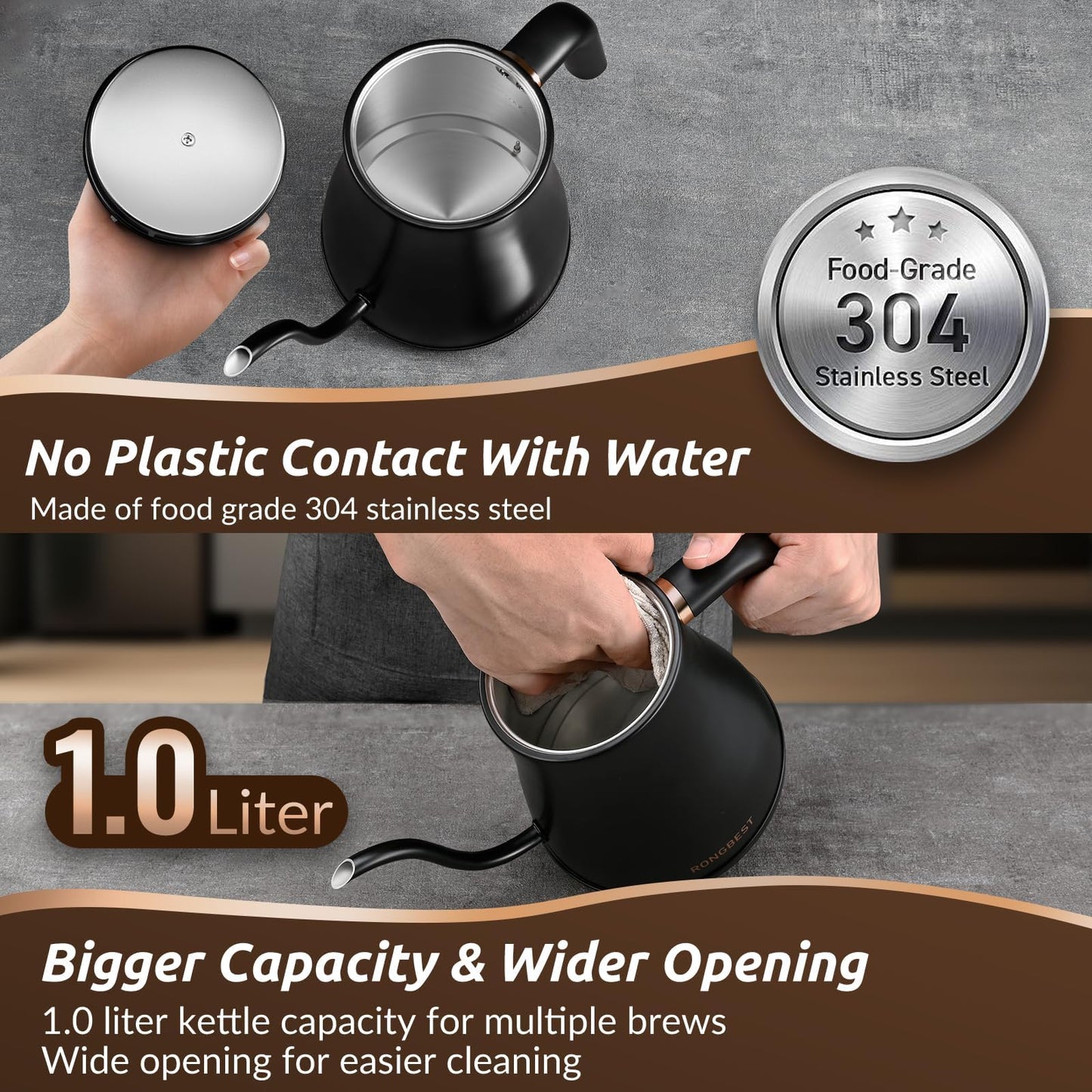 RONGBEST Electric Gooseneck Kettle 1L, 6 Temperature Control Presets, 1200W Quick Heating Water Pour Over Coffee & Tea Pot with Auto Shut-off & Keep-warm, Stainless Steel Inner & Lid, Matte Black