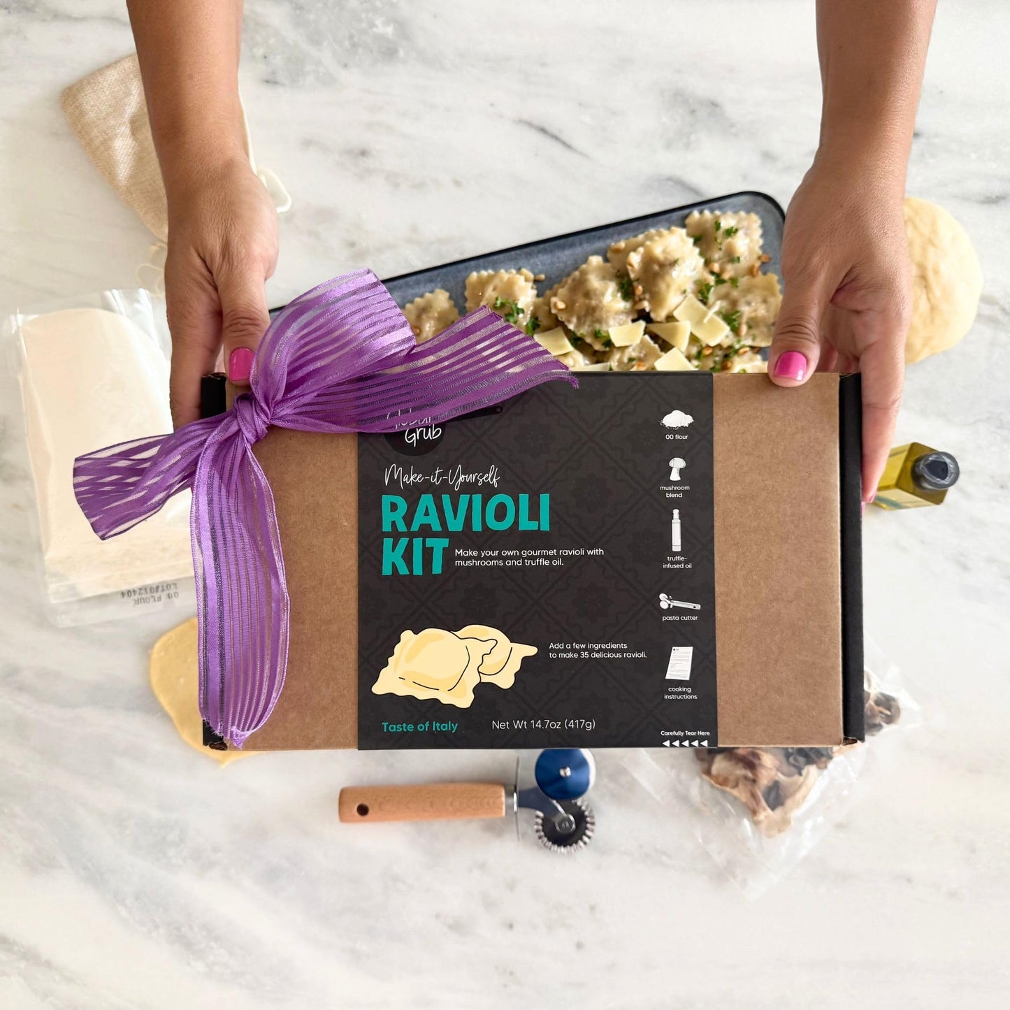 Global Grub DIY Ravioli Making Kit – Make Your Own Pasta Kit at Home • Includes 00 Flour, Gourmet Mushrooms, Truffle-Infused Oil and + Pasta Cutter Wheel • Gourmet Pasta Gift