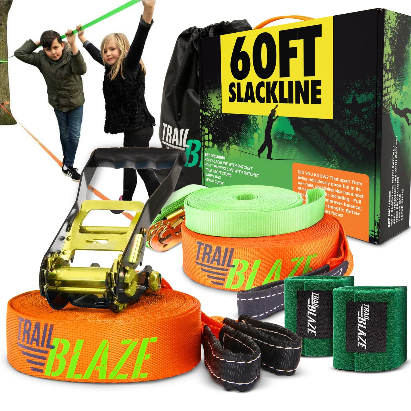 Complete Slackline Kit with Training Line - 60ft Slack Lines for Backyard for Kids and Adults, Wider Tree Protectors - Ninja Slackline Kit for Kids Outdoor Play Equipment (Complete Kit - Orange)