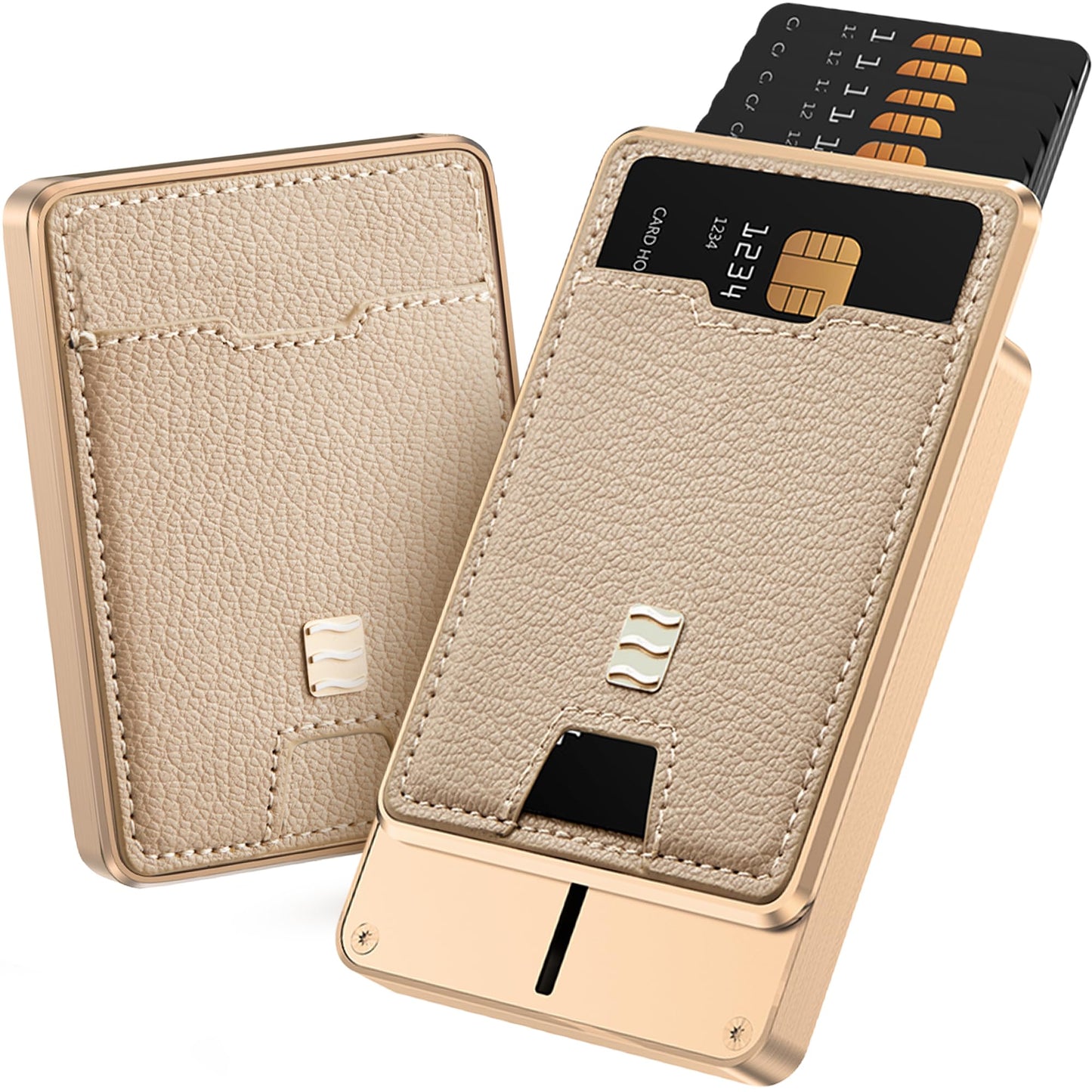 VENICE MIAMI VENICE RFID Blocking Wallet, Minimalist Card Holder with Quick Access, Vegan Leather & Brushed Aluminum, Gift-Ready Packaging (Beige)
