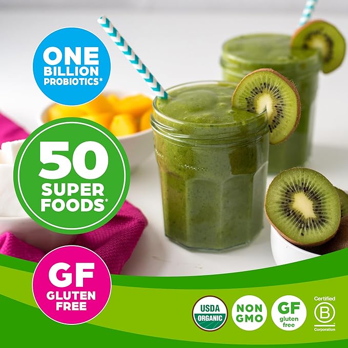 Orgain Organic Greens Powder + 50 Superfoods, Original - 1 Billion Probiotics for Gut Health, Antioxidants, Vegan, Plant Based, Gluten Free, Non GMO, Dairy Free Juice & Smoothie Mix - 0.62lb