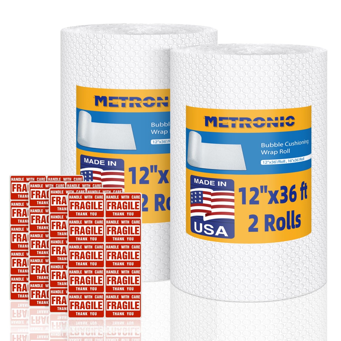 Metronic Bubble Cushioning Wrap 2 Pack 12 Inch x 72ft Total, Dense Bubble Packing Air Wrap Clear Bubble Packing Roll for Shipping and Moving Supplies, Perforated Every 12" (Made in USA)