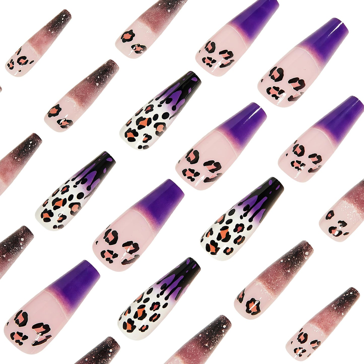 IMSOHOT Leopard Print Press on Nails Long Coffin Fake Nails Purple Gradient Acrylic Glossy False Nails Glitter Ballerina Full Cover Stick on Nails for Women Girls 24Pcs