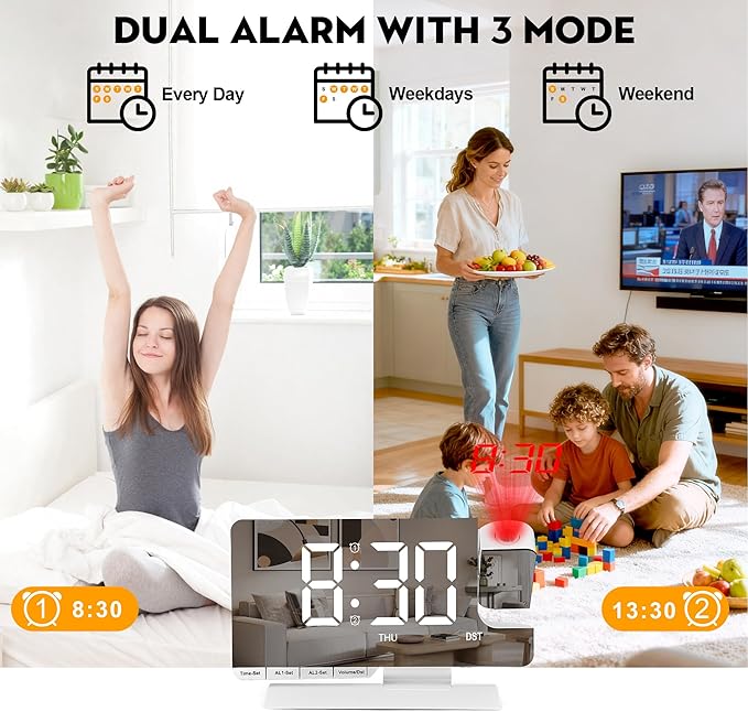 SZELAM Digital Clock,Alarm Clock Bedside with Projection,7.3" Mirror Clock with 180°Rotating Projector,Dual Alarm with 3 Mode,Brightnee Adjust,DST,Snooze,Charging Port,5 Levels Volume for Desk Teens