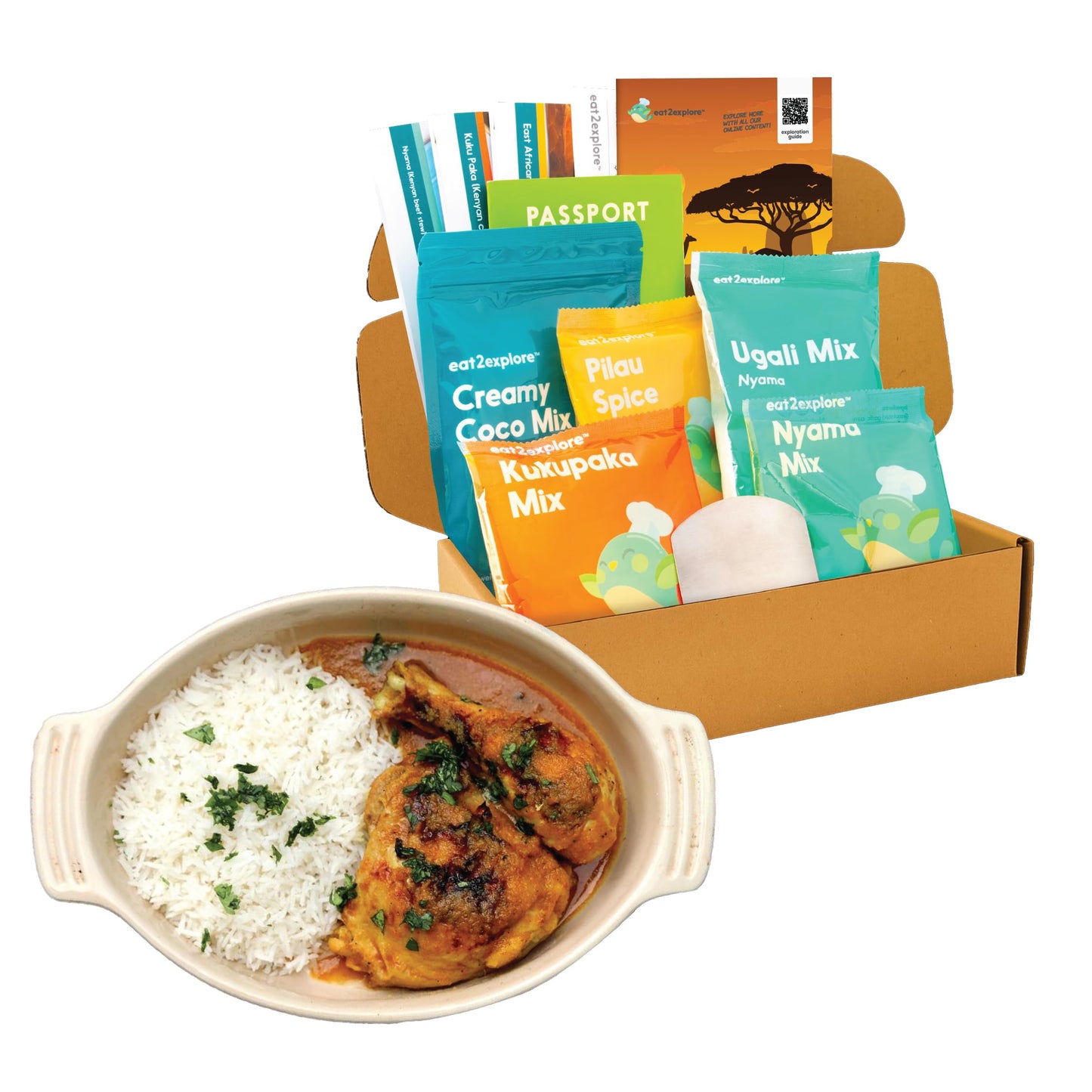 eat2explore Global Cooking Kit - Authentic Recipes, Essential Spices, Cultural Fun & Expert Drink Pairings - Perfect for Date Night and Dinner Parties (KENYA edition)