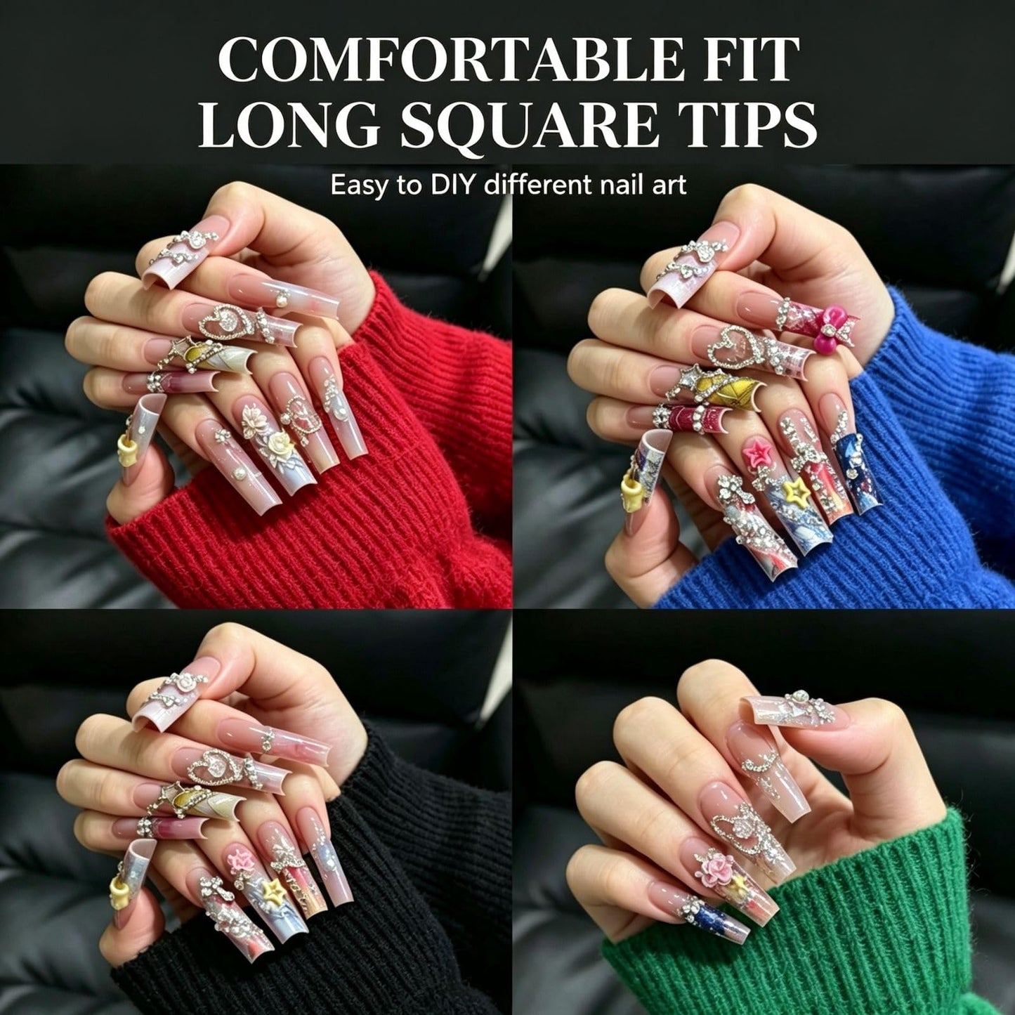 AKA Unicorn Long Square Nail Tips,240Pcs Clear Full Cover Soft Gel Nail Tips,12 Sizes Pre-Shaped Straight Square Nails,3XL Clear Press On Nail Extensions for Beginners & Professionals Salon Home DIY