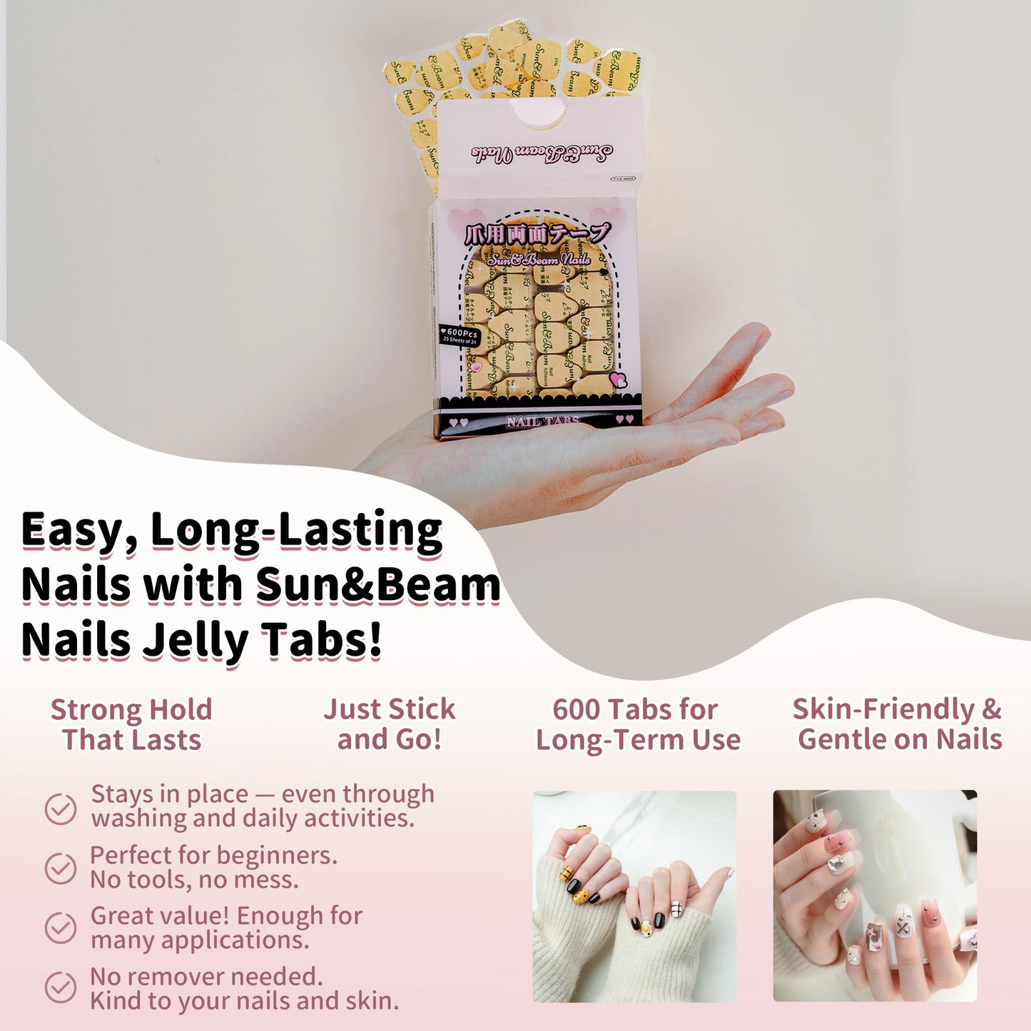 Sun&Beam Nails Jelly Nail Tabs for Press-On Nails 0.3mm Ultra-Thin Waterproof Adhesive 600pcs Strong Hold Double Sided Tabs for Finger (Tool Set with Case)