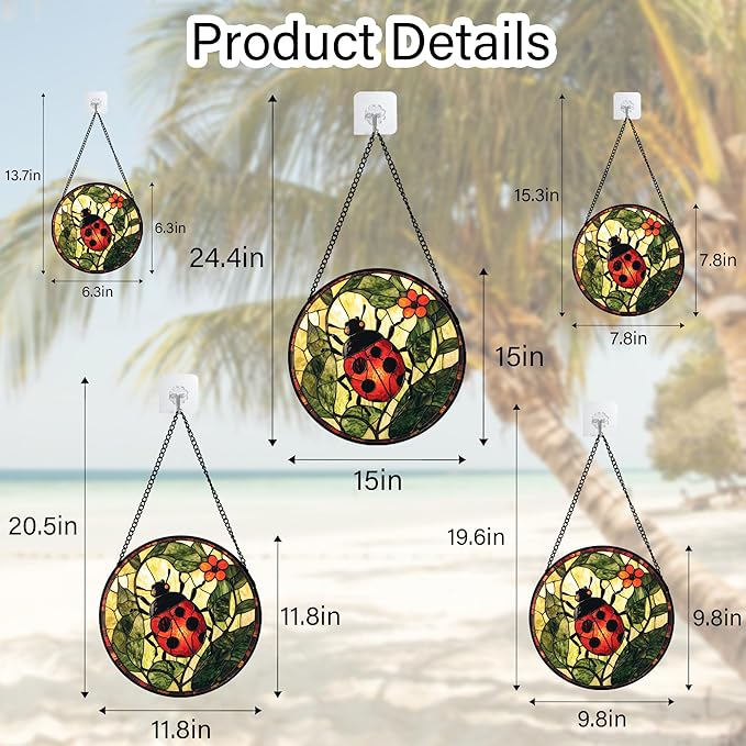 Stained Glass Window Hanging - Red Ladybug Green Plant Flower Sun Catcher for Door Home Decor Insect Suncatcher Christmas Mother's Day Birthday Gifts for Women Men Mom Nana 6.3 in