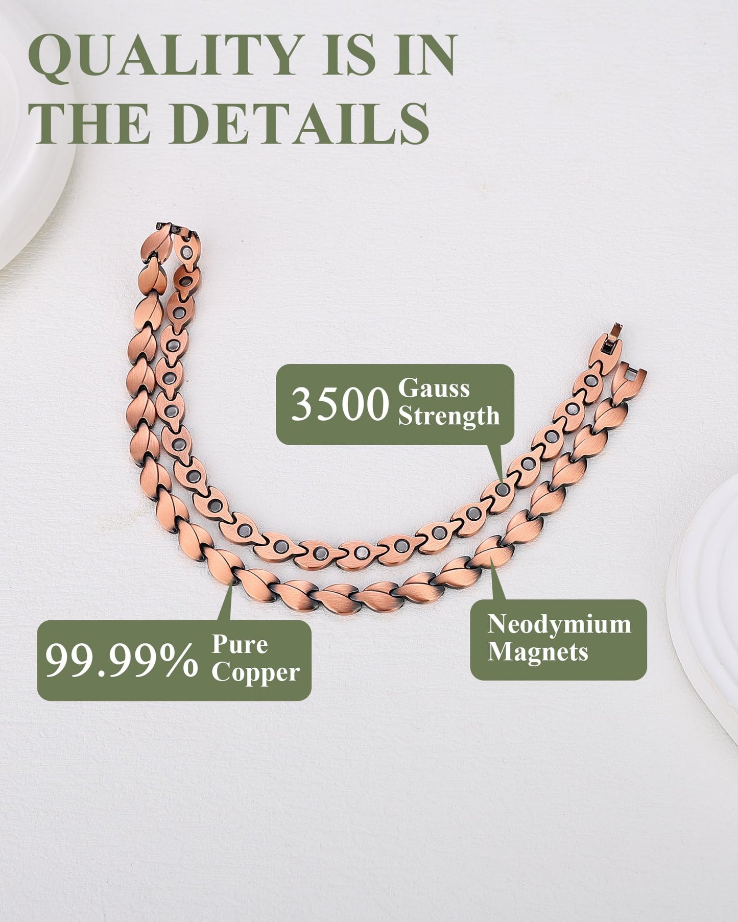 MagEnergy Copper Necklace for Men Women, Magnetic Necklace with 3500 Gauss Ultra Strength Neodymium Magnets, Adjustable Magnetic Jewelry with Sizing Tool (Copper-Leaf)