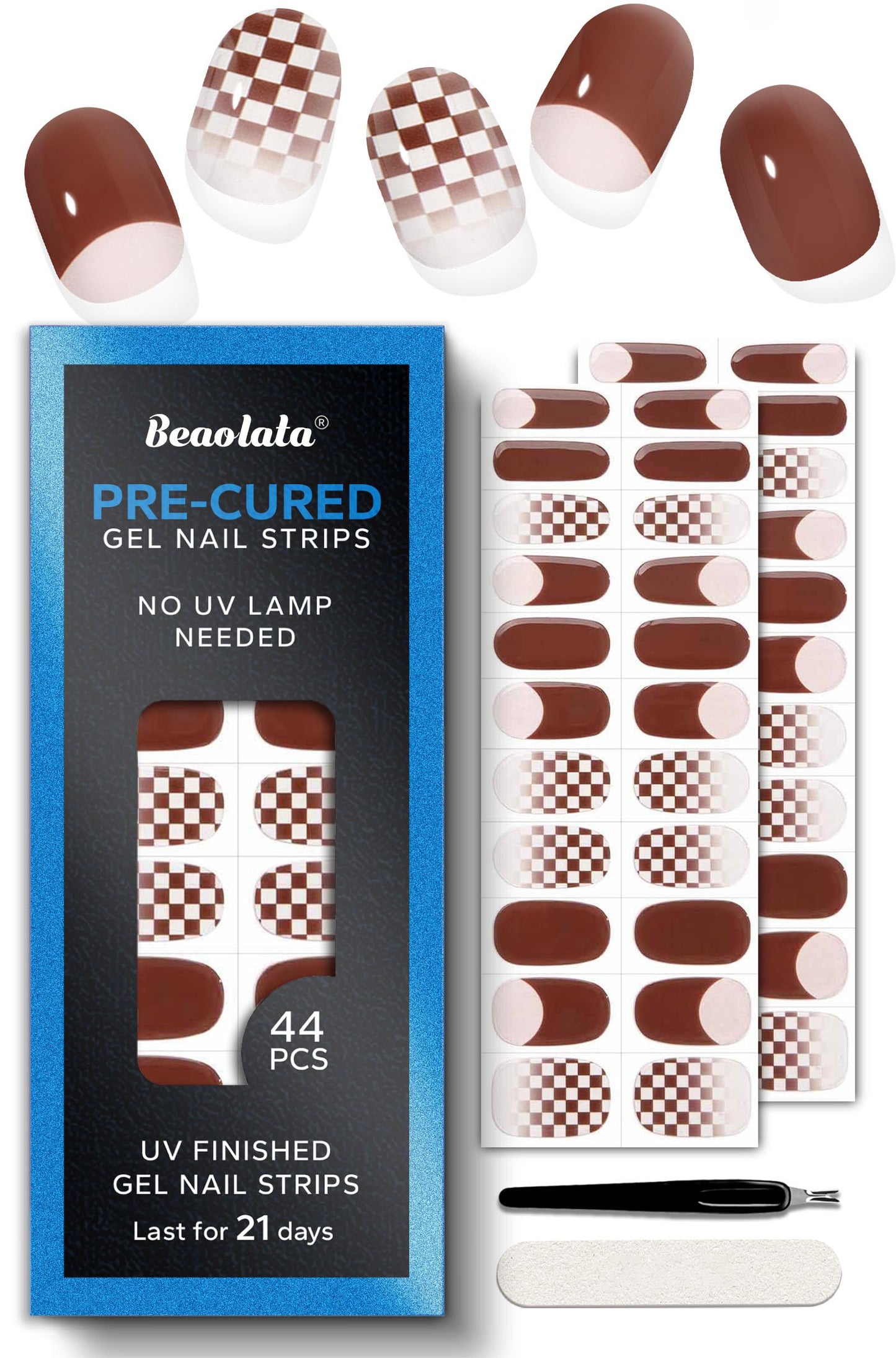 Beaolata Real Gel Nail Strips (No UV Light Needed) - 44Pcs Salon Quality Nail Stickers - Long Lasting Polish Wraps for Women, Easy Apply & Remove (Chestnut Brown