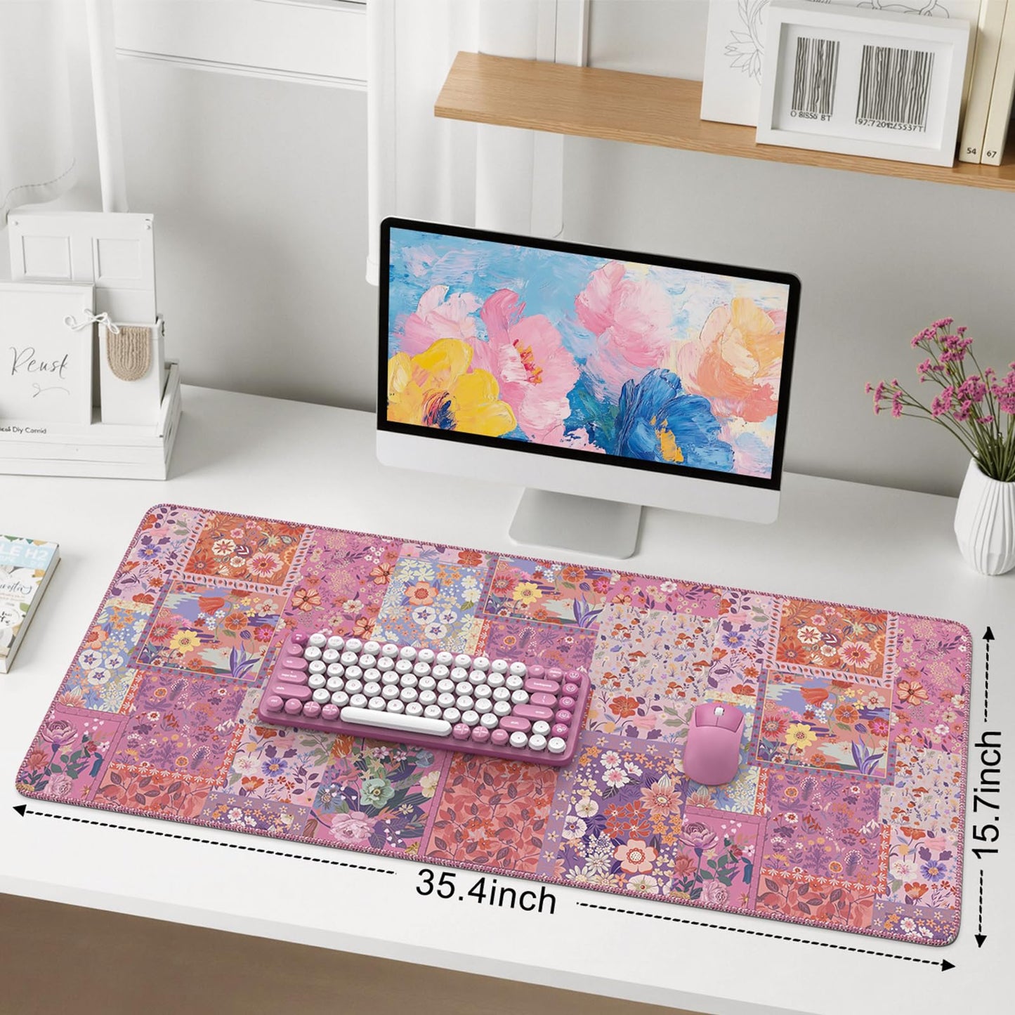 iCasso Floral Desk Pad Mat, Large Mouse Pad, Desk Matt for Desktop, Anti-Slip XXL Big Mousepad with Stitched Edges for Computer Keyboard (Rose Pink)