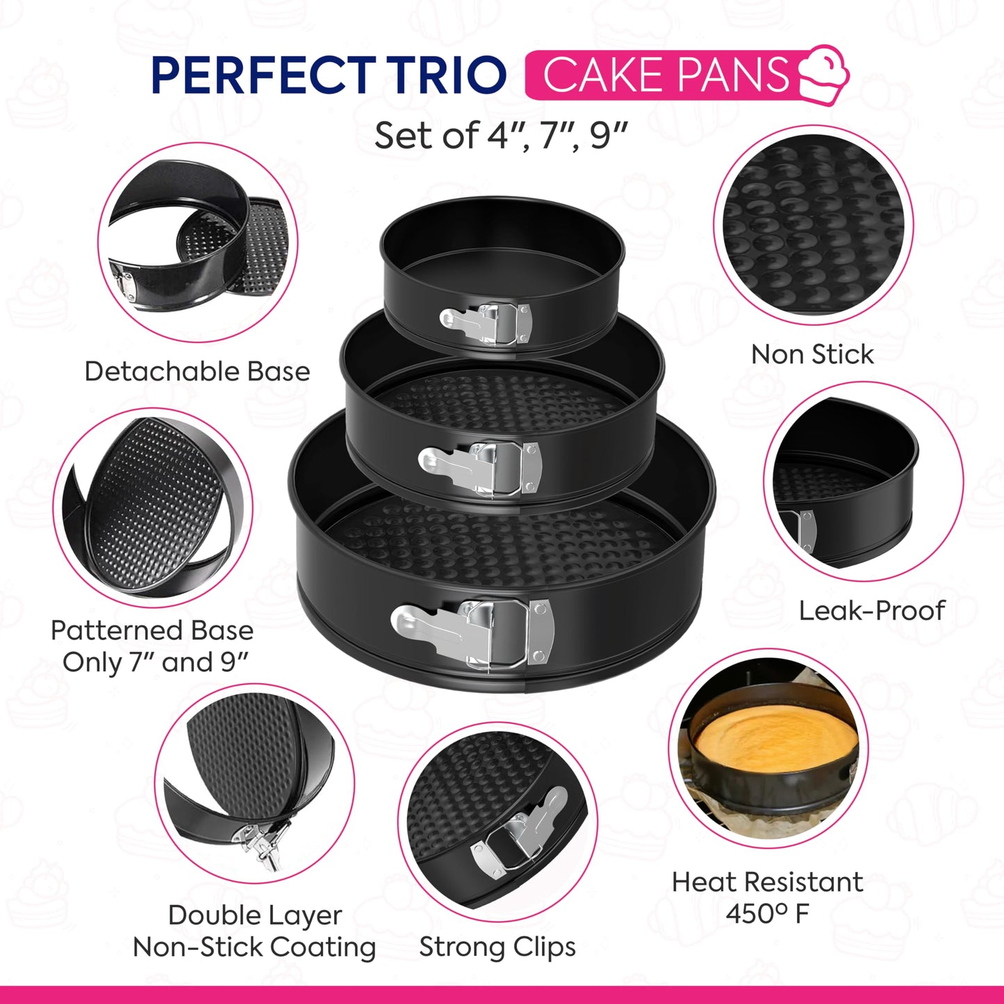 Riccle 148PCs Cake Pan Set for Baking, 3 Non-Stick Springform Pan Set (4, 7, 9 Inches), Cake Decorating Kit, Piping Bags and Tips Set, Cake Leveler, Multi-functional Leak-Proof CheeseCake Pan (148)