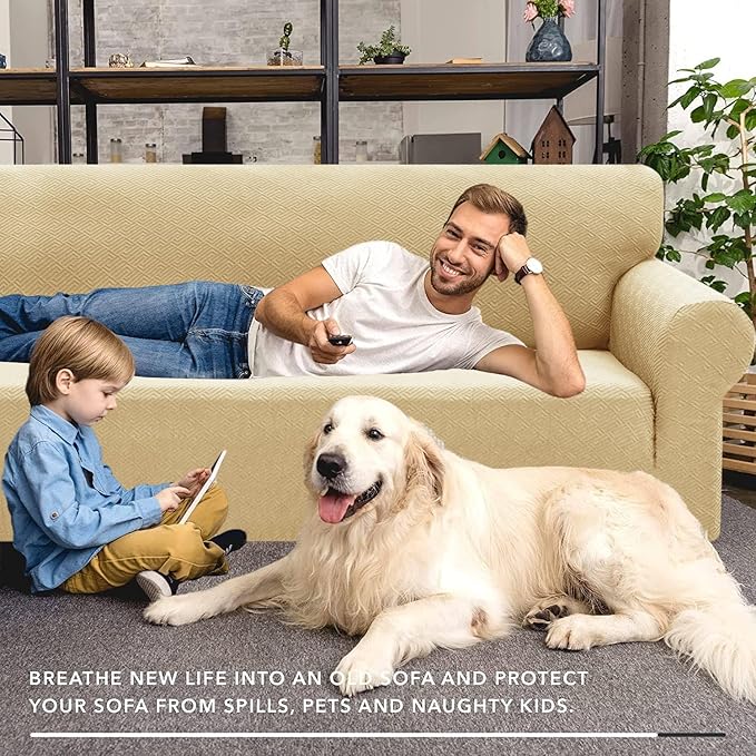 XINEAGE 2026 New 1 Piece Couch Covers for 2 Cushion (55"-69") Stretch Loveseat Sofa Cover Slipcover Jacquard Universal Furniture Protector with Elastic Bottom for Kids,Dog (Loveseat, Beige)