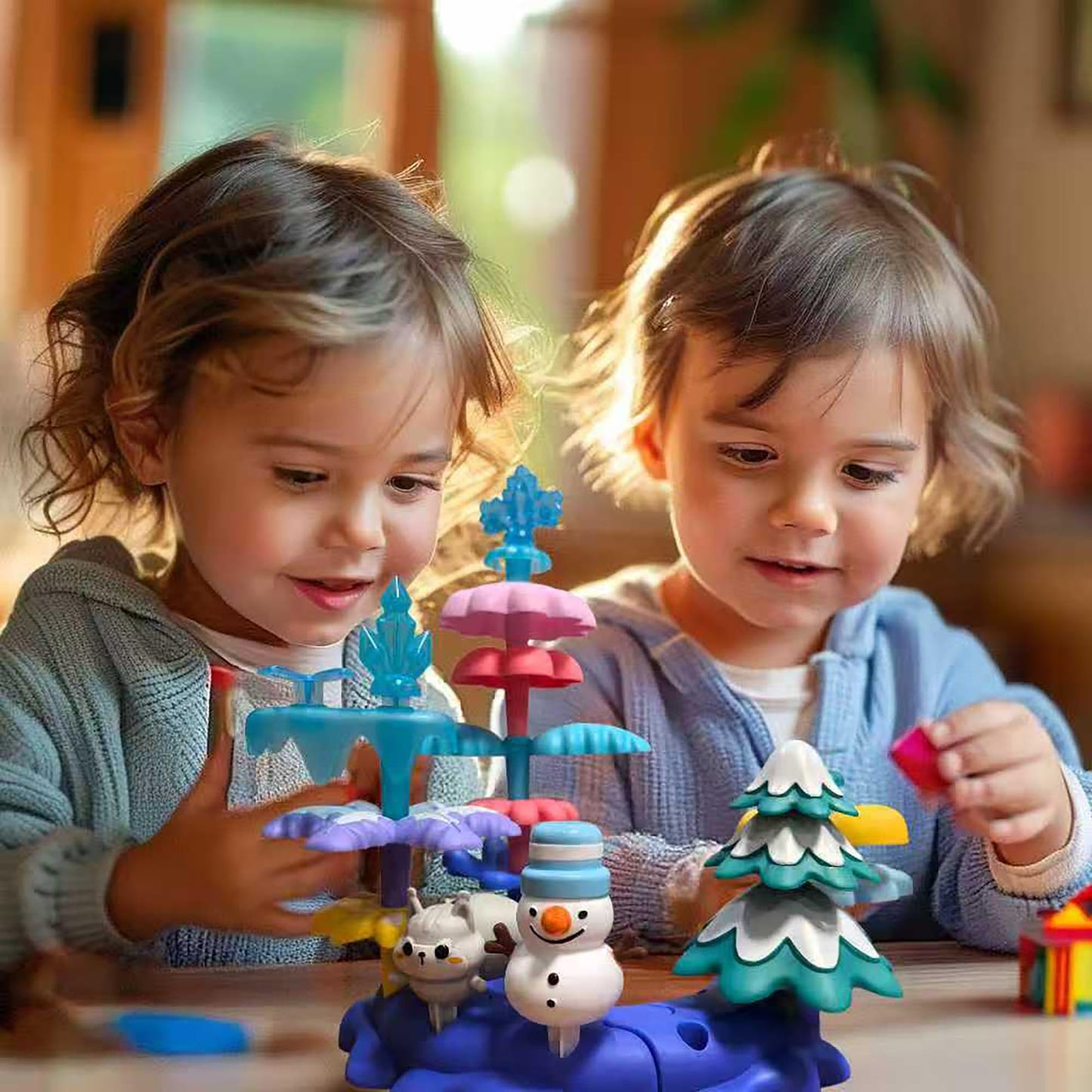PSDVAYI Snow Garden Stacking Toys for 3 4 5 6 Years Old Toddlers, 79 PCS Creative Construction Building Toys Educational STEM Christmas Birthday Easter Gift for Kids Age 3+