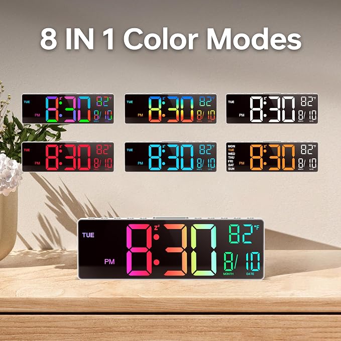 JALL 10.5'' Large Digital Alarm Clock with Big LED Number, Remote Control, RGB Colors,Timer, Dual Alarm, Temperature for Back to School Classroom, Bedroom, Living Room, Gift for Senior Student Teacher
