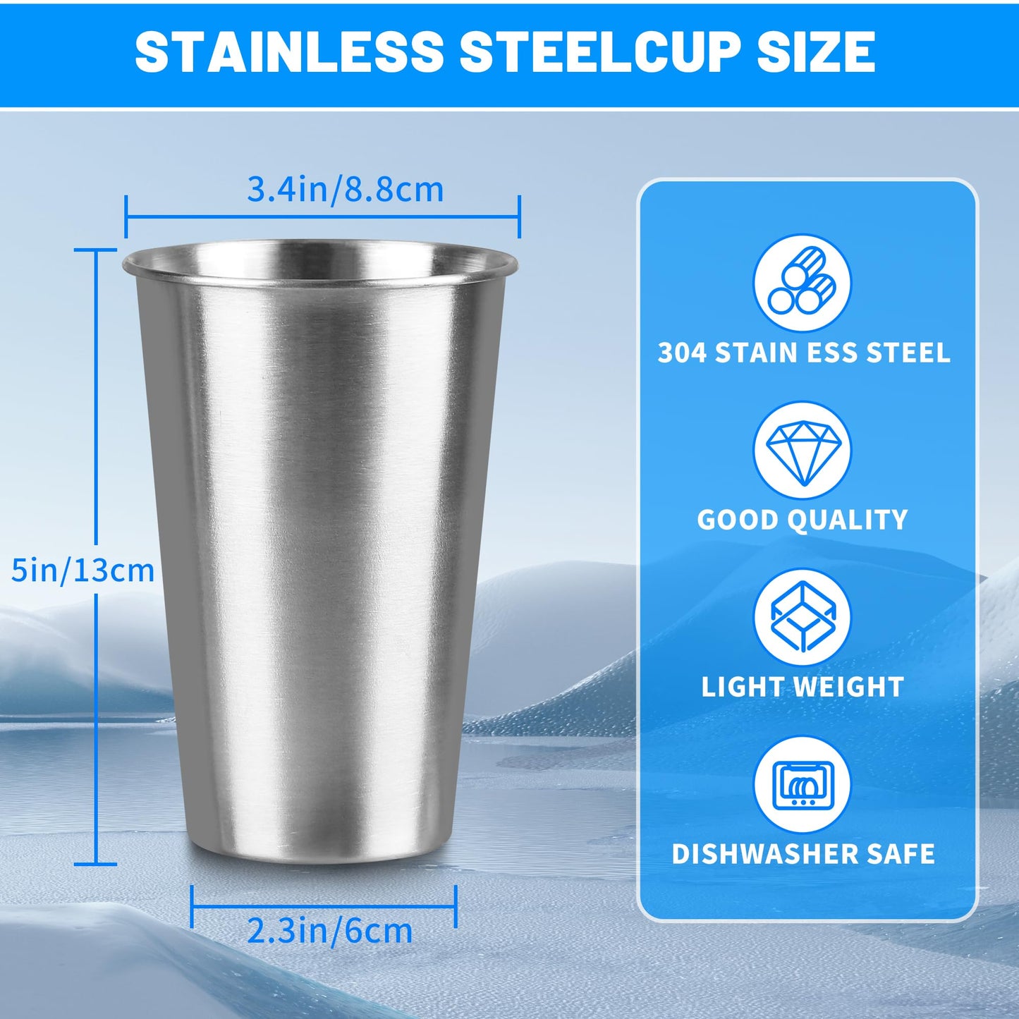 HAMILADUO 16Pack 16 oz Stainless Steel Pint Cups,Stainless Steel Cup,Pint Cup Tumbler，water Tumbler,Stackable,Reusable,BPA Free, (16)