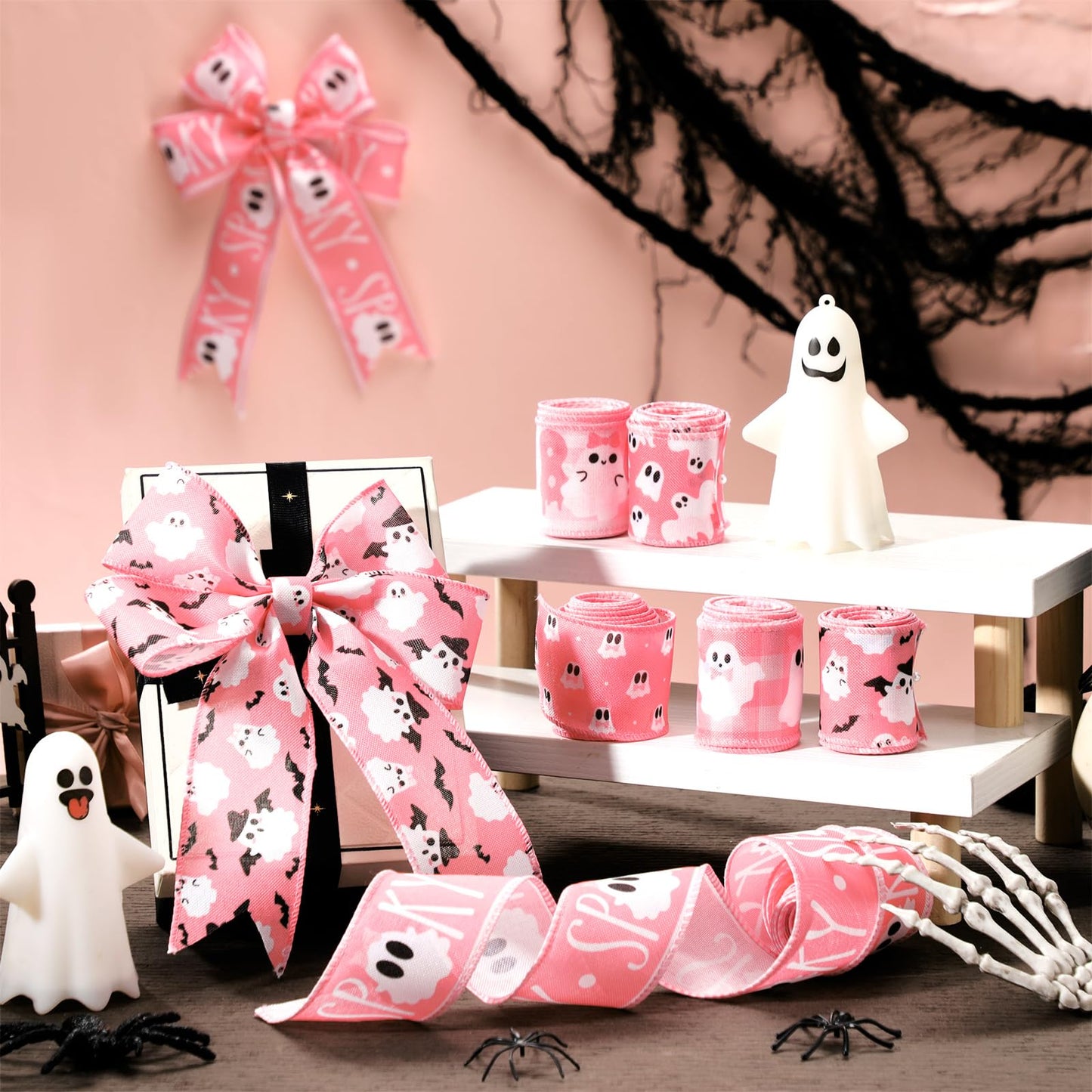 Wavyknot 6 Rolls Halloween Ghost Wired Edge Ribbon 2 Inch x 30 Yards Halloween Ghost Ribbon for Wreaths Pink for Floral Bow Making Wreath Craft DIY Party Decor