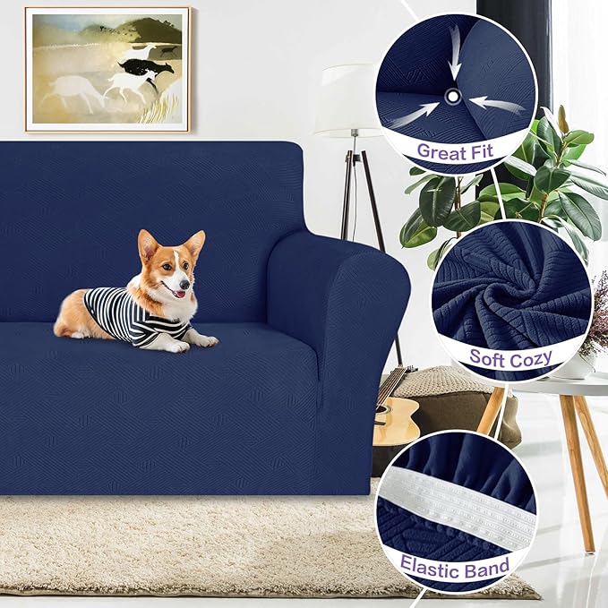 ZNSAYOTX Super Stretch Couch Cover (72"-92"), New Striped Sofa Covers Fitted Slipcovers with Elastic Bottom, Dog Cat Pets Proof Spandex Fabric Comfortable & Durable (Navy Blue, Sofa)