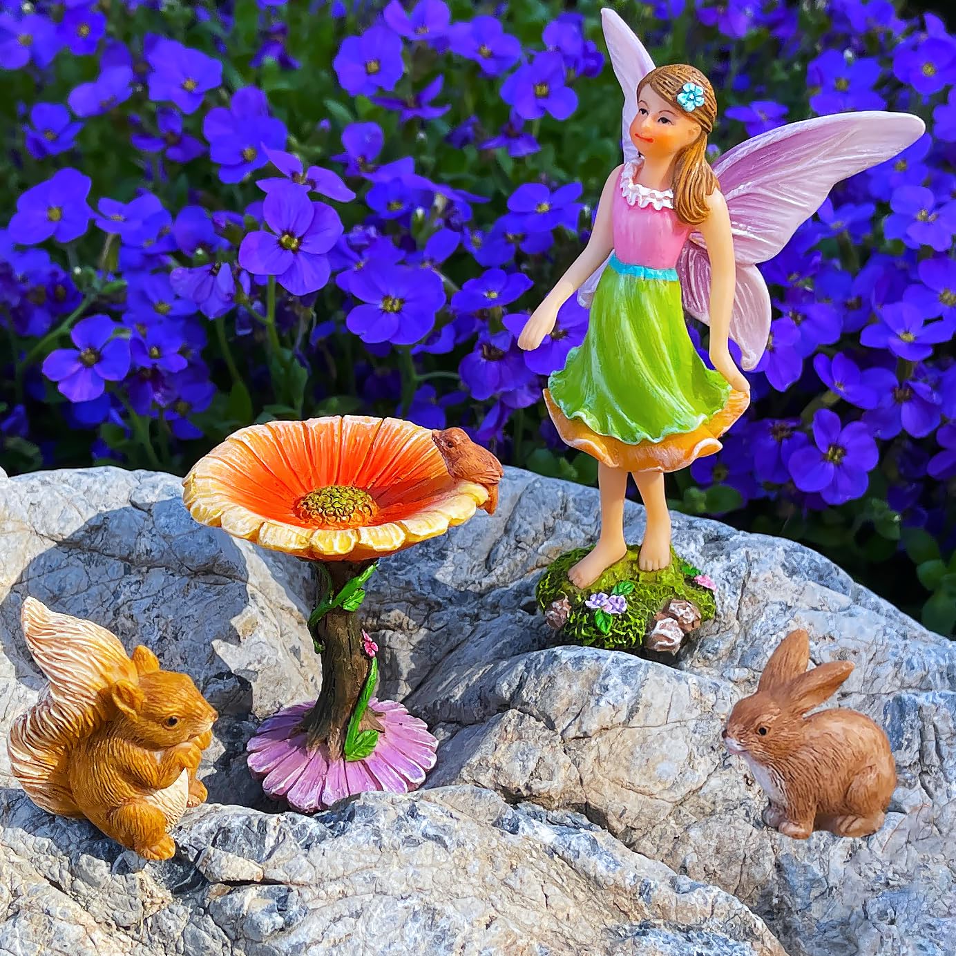 Mood Lab Fairy Garden Figurines with Flower - Miniature Decor Set (4 pcs) - Statues & Accessories - Outdoor Indoor Garden Decor