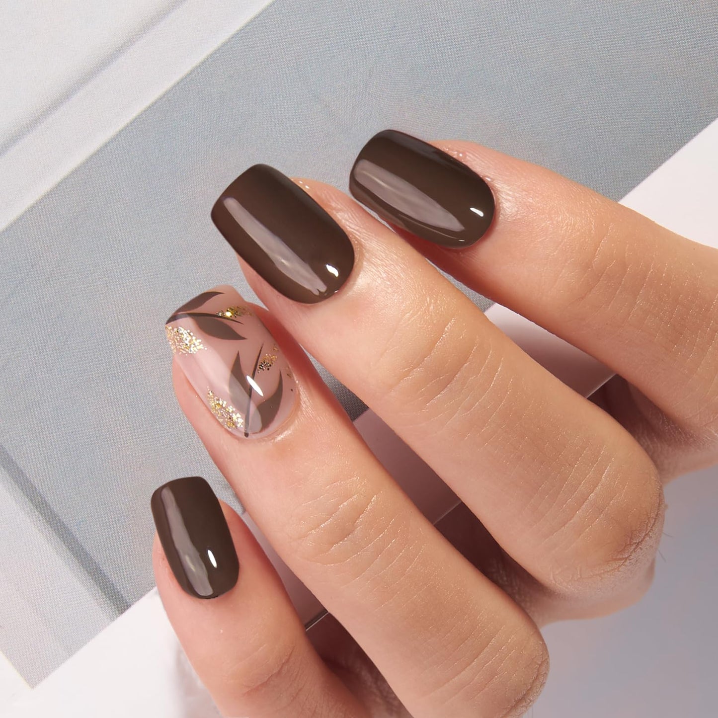 Curvlife 30pcs Press on Nails, Soft Gel Fake Nail with Botanical Brown Short Square Apricot Design, Full Cover False Nails Tips Glossy Nude Glue on Nails Artificial Stick on Nails for Women