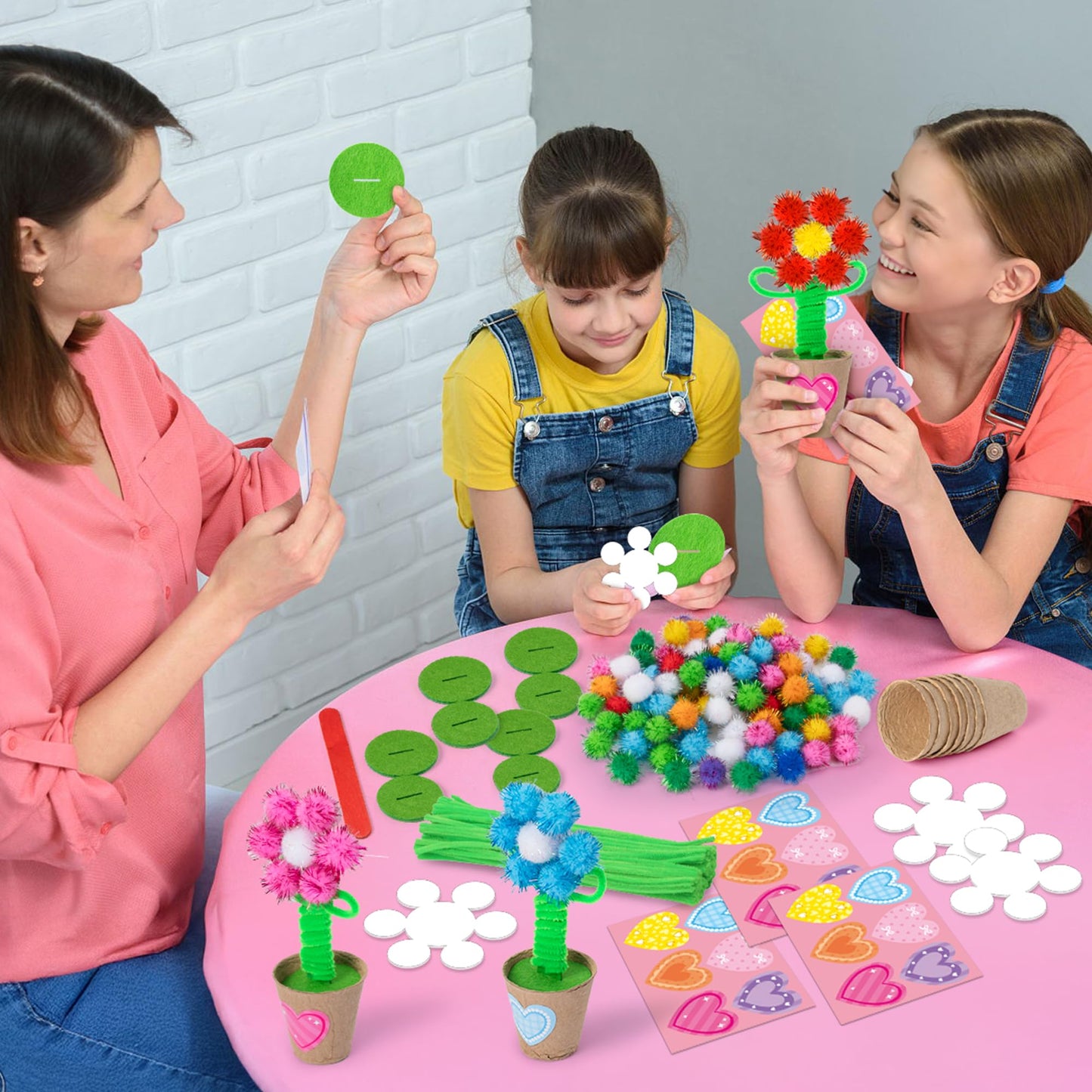 WATINC Mother’s Day Flower Paper Pot Craft Kits - 36 Pack Springtime Pom Pom Flower Decorations, Make Your Standing Glitter Gift Crafts, Fun DIY Decor Home School Classroom Art Activities