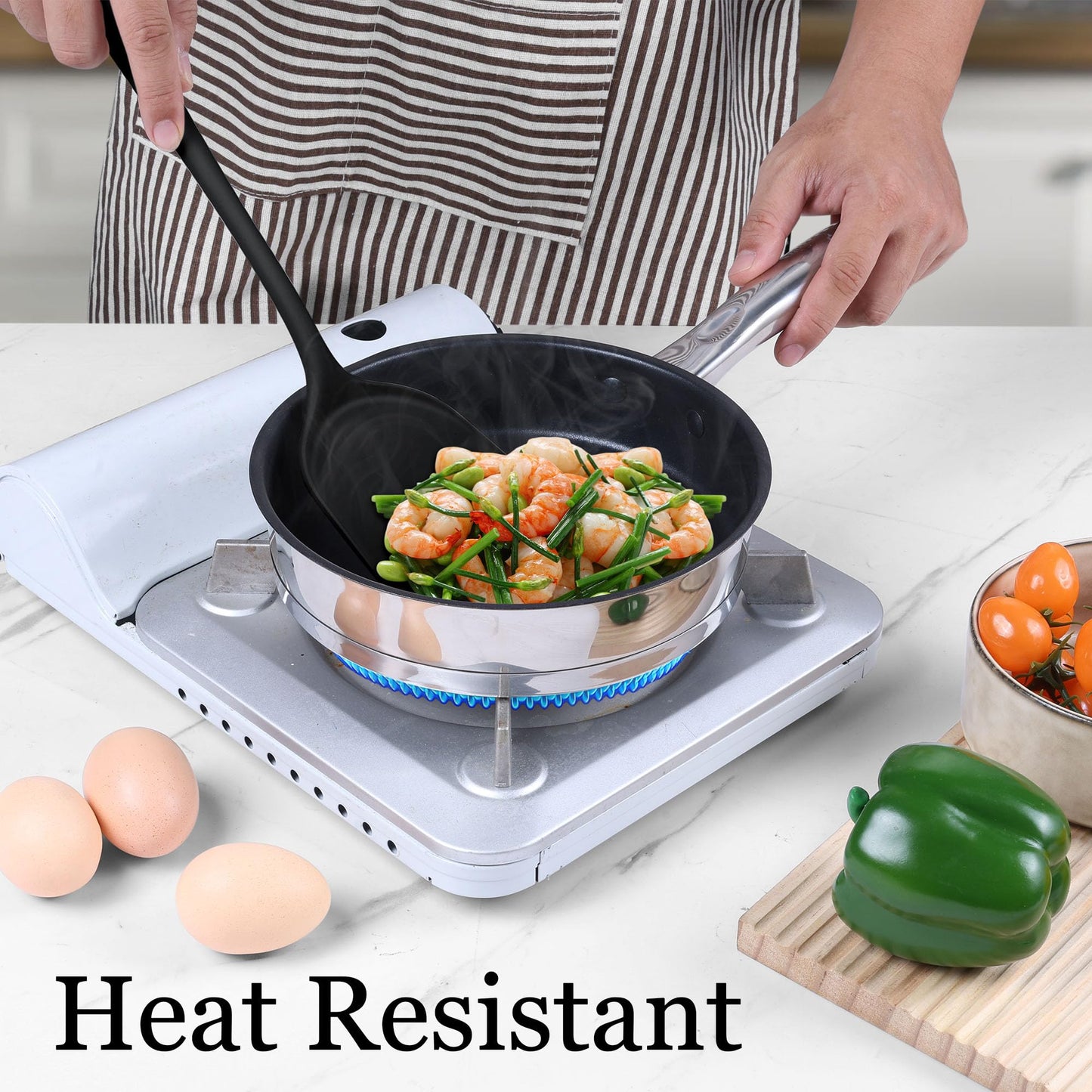 LIANYU 8Pcs Cooking Utensils Set, Heat Resistant Kitchen Utensils, Silicone Utensils Spatula Set for Nonstick Cookware with Spatula, Ladle, Turner, Spoon, Dishwasher Safe, Black