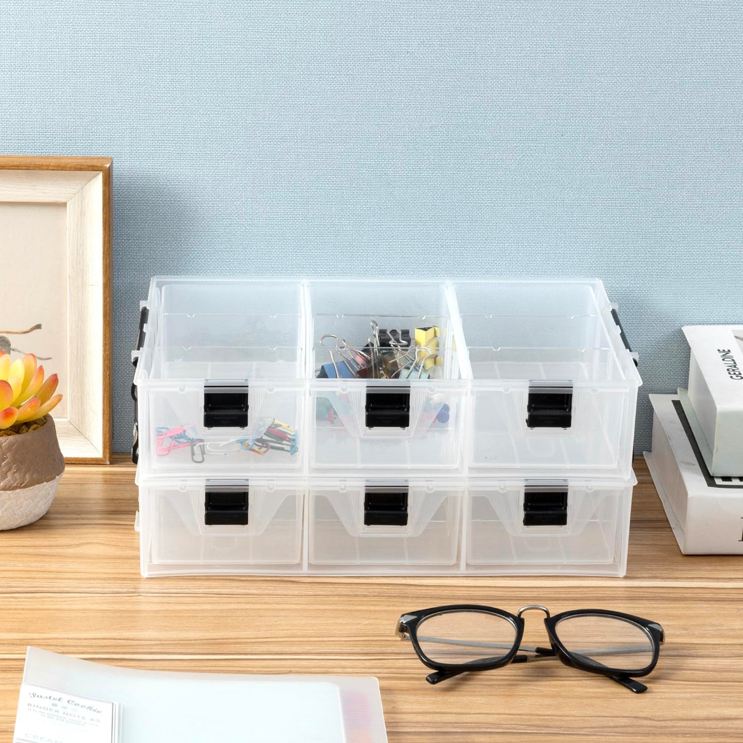 MyGift Single Add-on Tray for 11 Inch Clear Arts and Crafts Stackable Storage Box, Sewing Supplies Storage Organizer Case Accessory Optional Tray with Black Accents, 3 Drawers and Removable Dividers