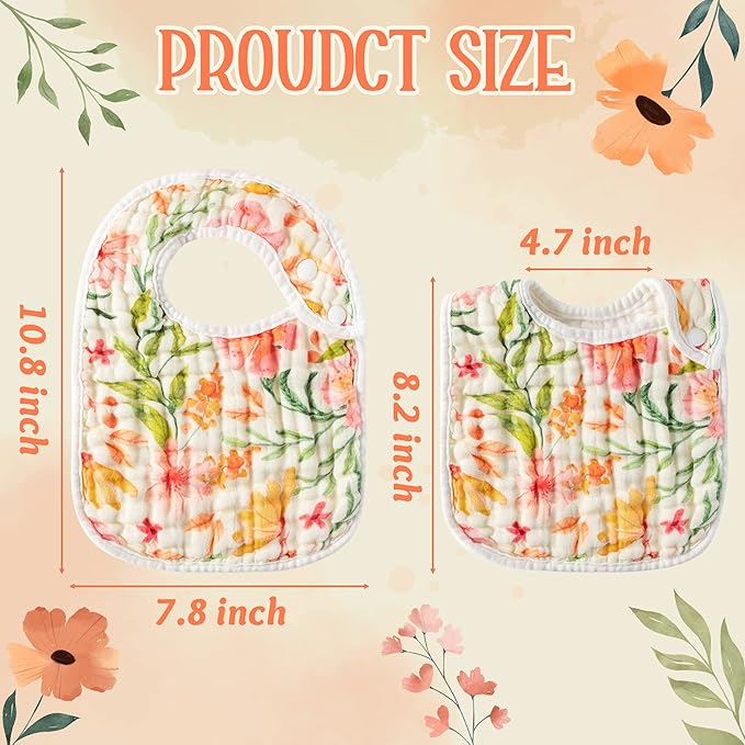 Zainpe 6Pcs Snap Muslin Cotton Baby Bibs Flowers Pattern Infants Feeding Bib Adjustable Machine Washable Girls Burp Cloths Unisex Drool Cloth with 6 Absorbent & Soft Layers for Eating and Teething