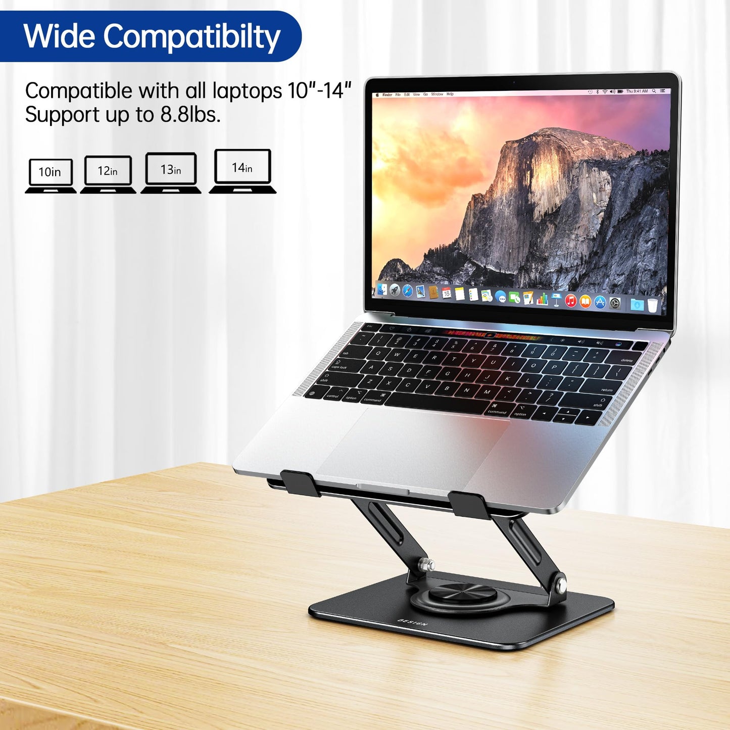 BESIGN LS11 Laptop Stand with 360° Rotating Base, Ergonomic Adjustable Notebook Riser, Foldable Computer Holder Compatible with 10-14" Laptops (Black)