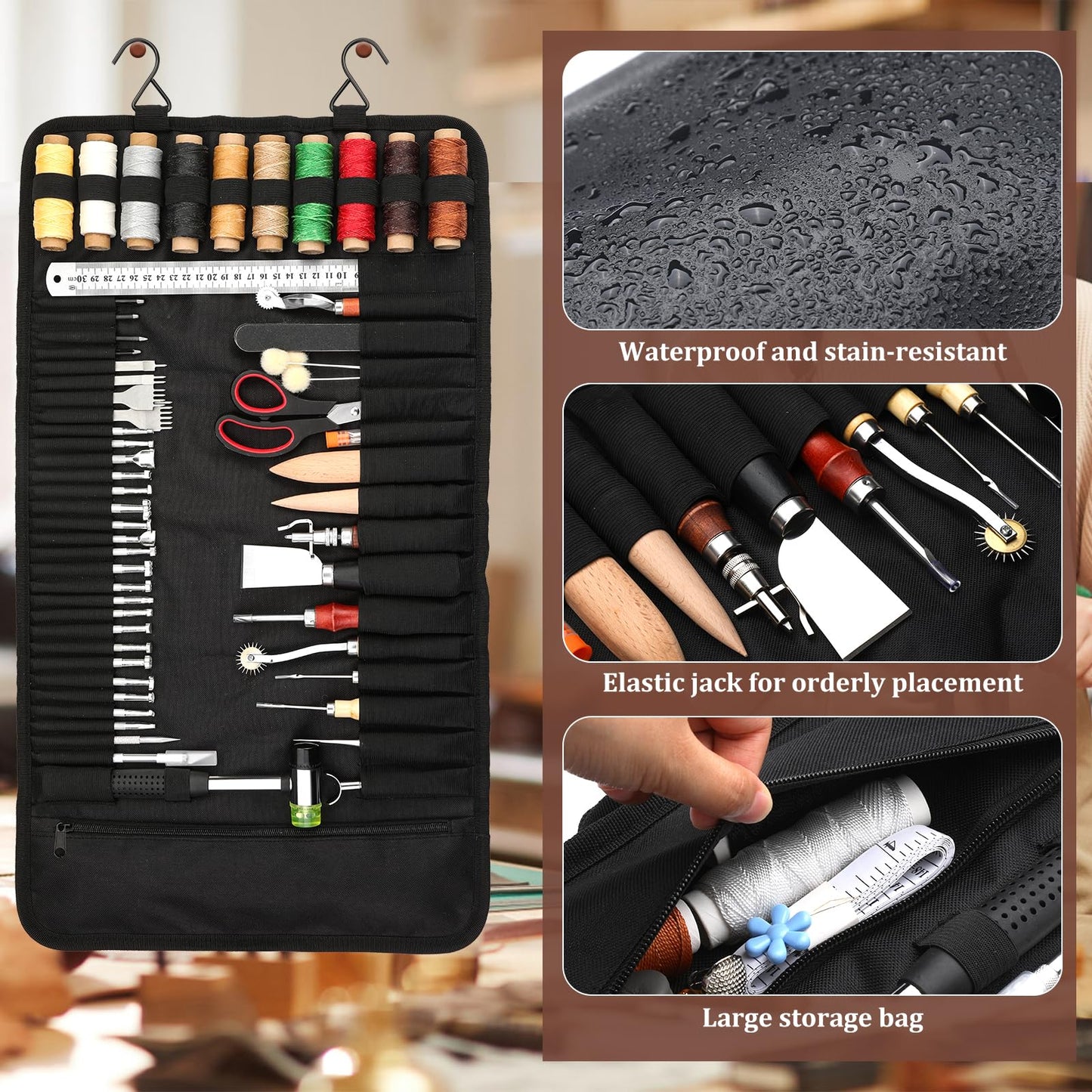 QMNNMA 102PCS Leather Working Tools Leather Crafting Kit with Custom Storage Bag, Stamping Tools for Sewing, Carving, Cutting, Punching, Stamping
