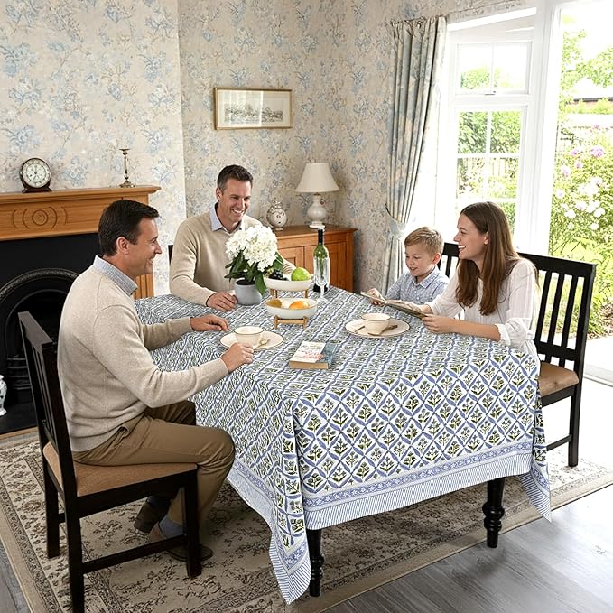 Ridhi Hand Block Print Light Steel Blue Rectangle Cotton Tablecloth 102" x 48" Reusable Table Cover Decorative Everyday Use for Dining, Farmhouse, Home Gift for Spring, Easter, Valentine