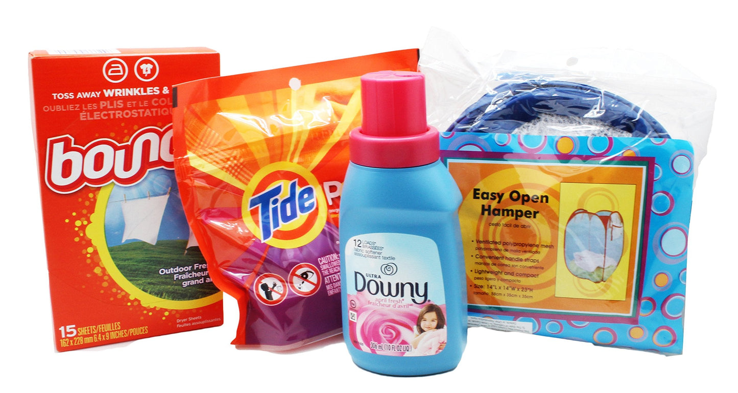 Dorm Room Laundry Kit with Laundry Detergent Pods, Softener, Dryer Sheets & Bonus Hamper