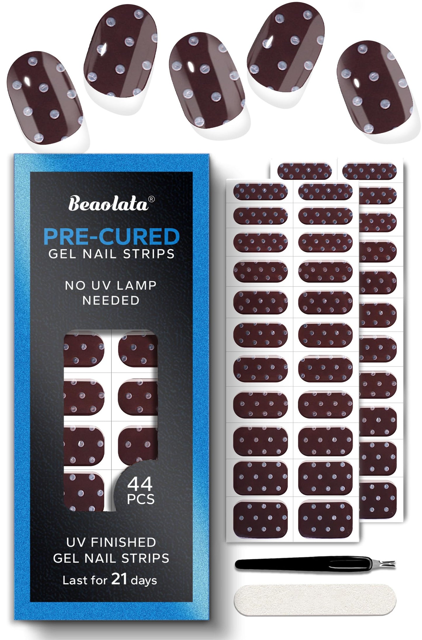 Beaolata Real Gel Nail Strips (No UV Light Needed) - 44Pcs Salon Quality Nail Stickers - Long Lasting Polish Wraps for Women, Easy Apply & Remove (Starry Clay Brown)