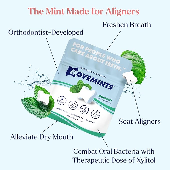Movemints Clear Aligner Mints - Patented, Edible Alternative to Chewies - Freshen Breath and Improve Dry Mouth with Xylitol - Spearmint (7 Pack)