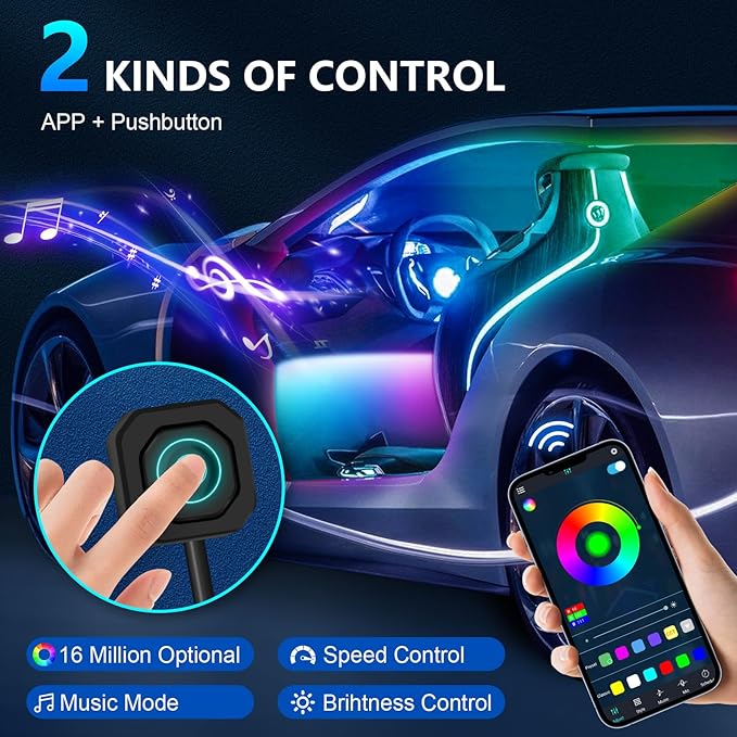 Dreamcolor Acrylic Interior Car LED Strip Light with Wireless APP Control, RGB 14-in-1 Ambient Lighting Kit with Music Sync, Dynamic Color Chasing Neon Lights for Car Interior